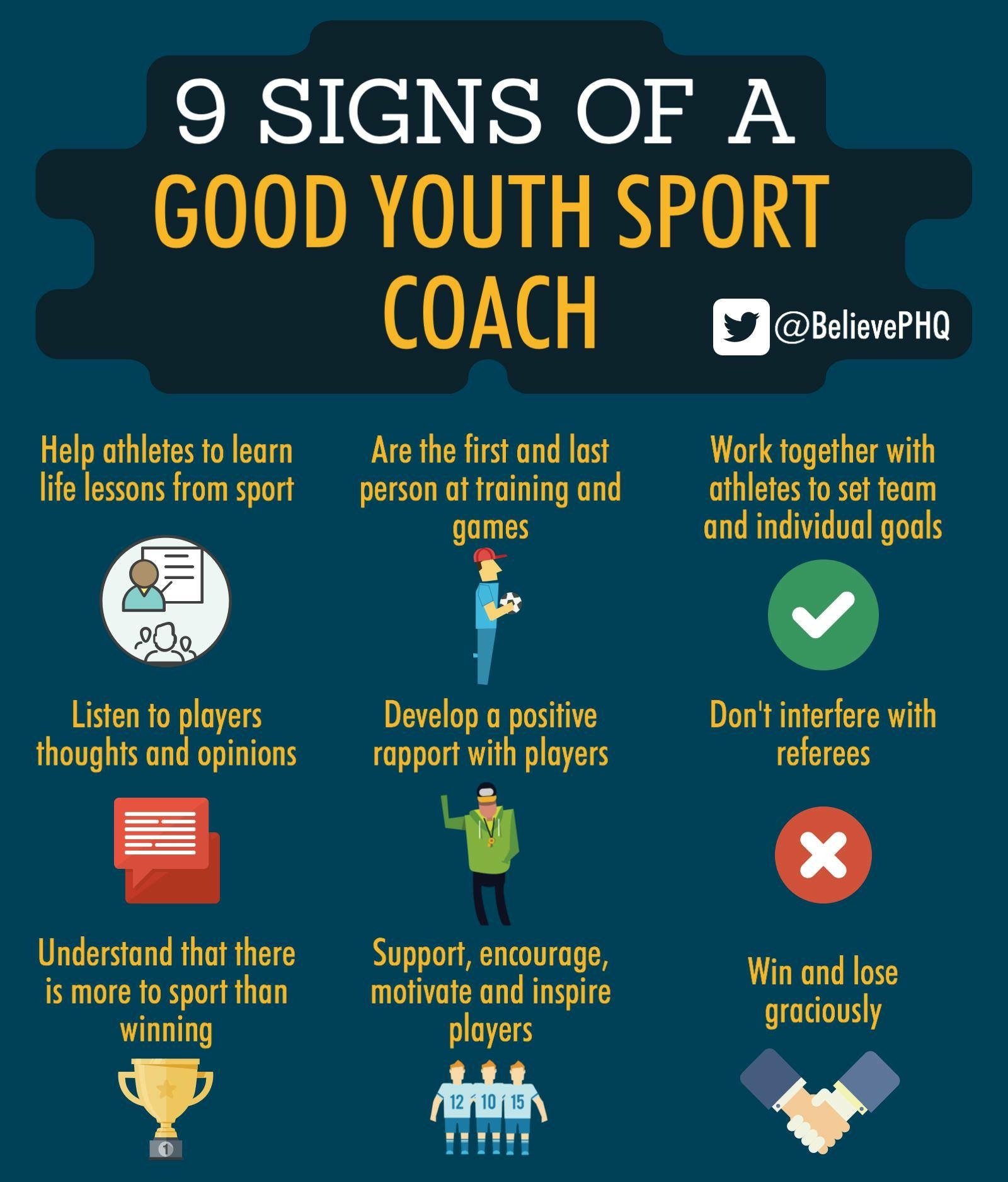 Infographic titled "9 Signs of a Good Youth Sport Coach" listing signs such as helping athletes learn life lessons, being the first and last at training, working with athletes to set goals, listening to players, developing positive rapport, supportin