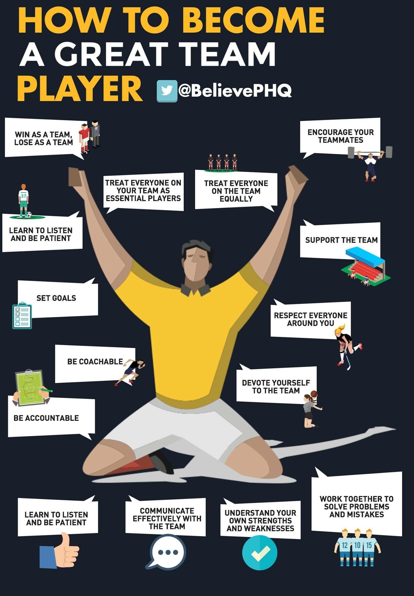 Infographic titled 'How to Become a Great Team Player' with tips such as listening, patience, setting goals, accountability, communication, understanding strengths and weaknesses, working together, respecting, supporting, and encouraging teammates, a