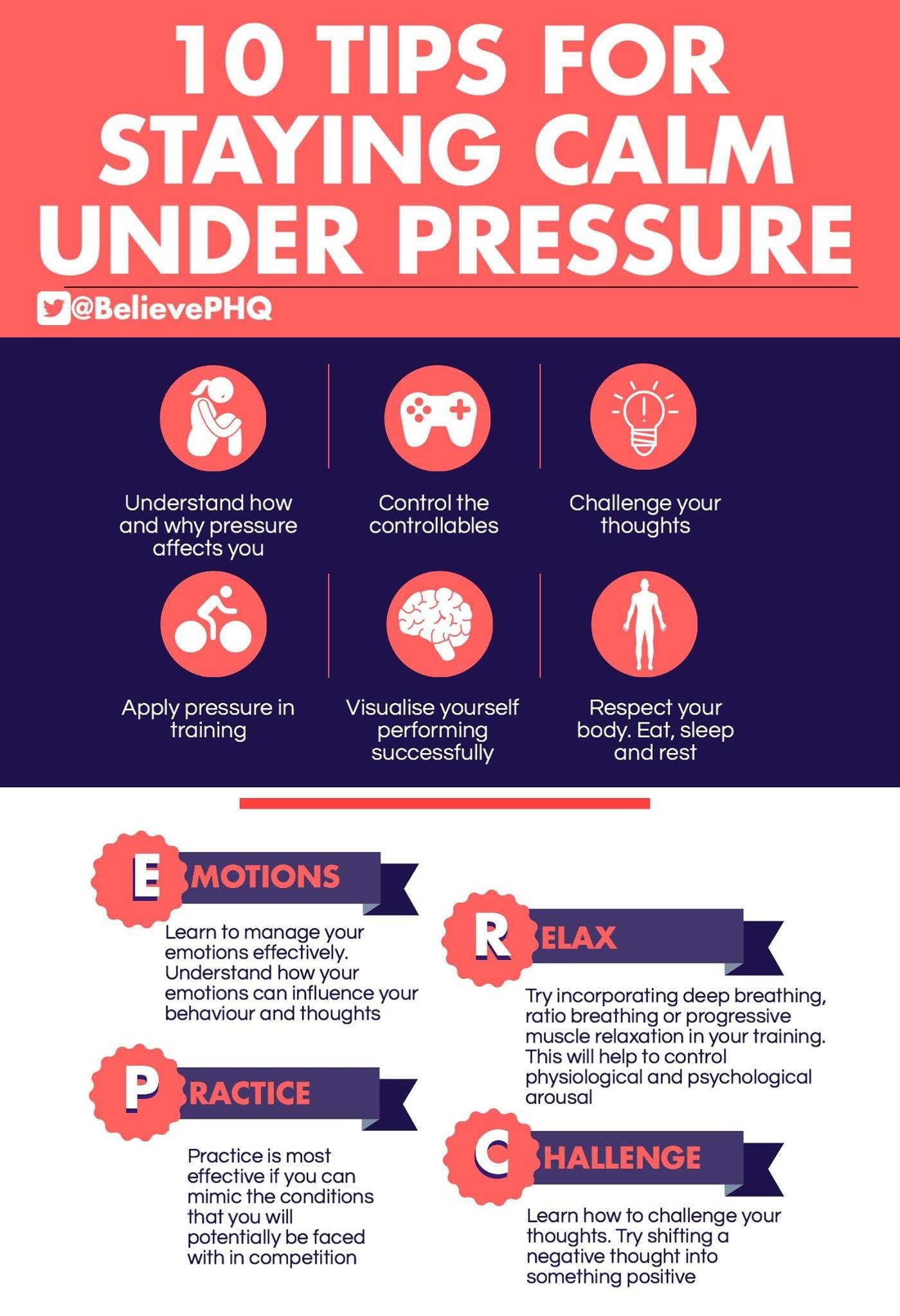 Infographic titled "10 Tips for Staying Calm Under Pressure" listing tips: understand pressure, control controllables, challenge thoughts, apply pressure training, visualize success, respect body; and tips for emotional regulation: manage emotions, r