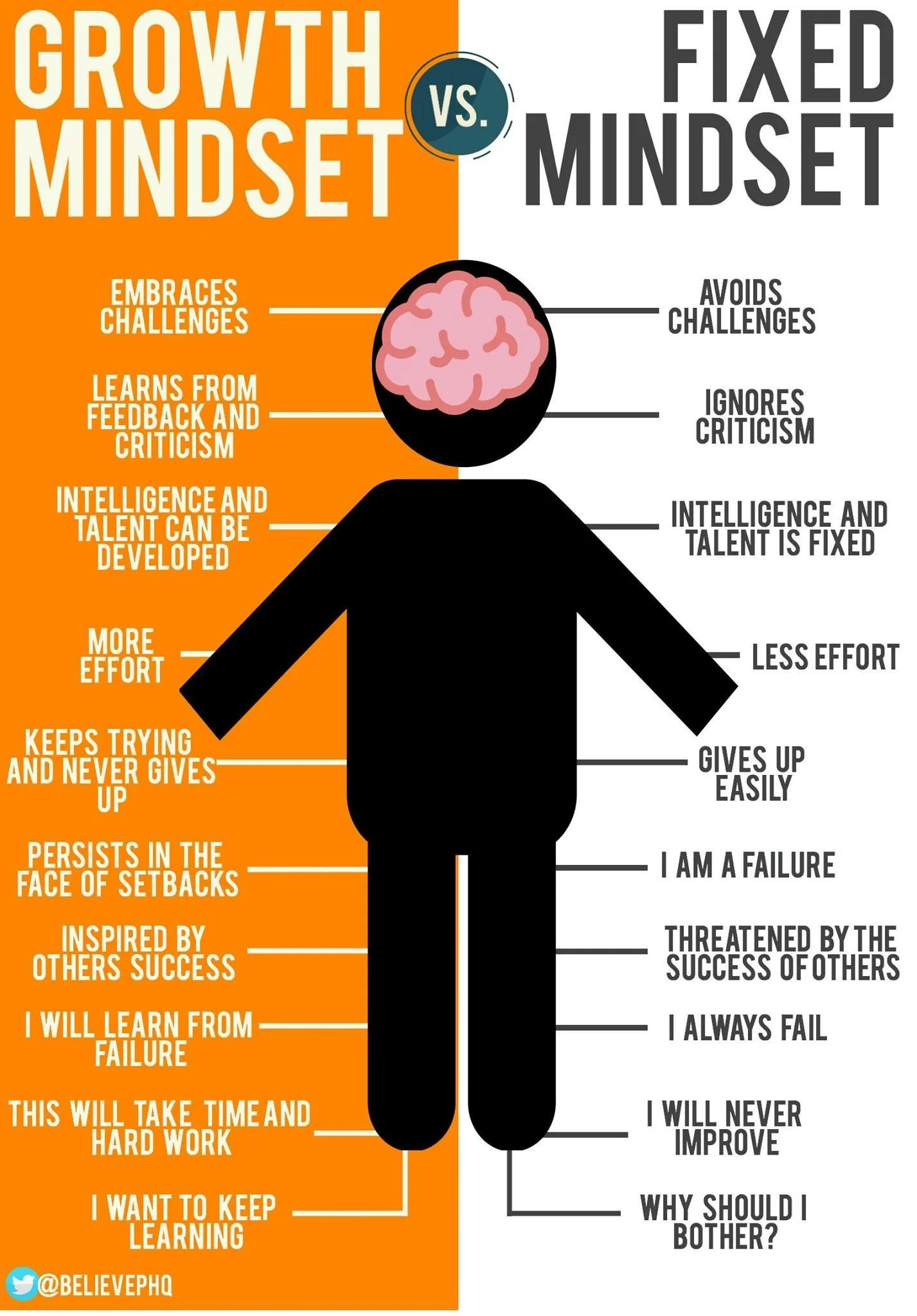 Comparison chart illustrating the differences between growth mindset and fixed mindset. Growth mindset embraces challenges, learns from feedback, persists through setbacks, and keeps learning. Fixed mindset avoids challenges, ignores criticism, gives