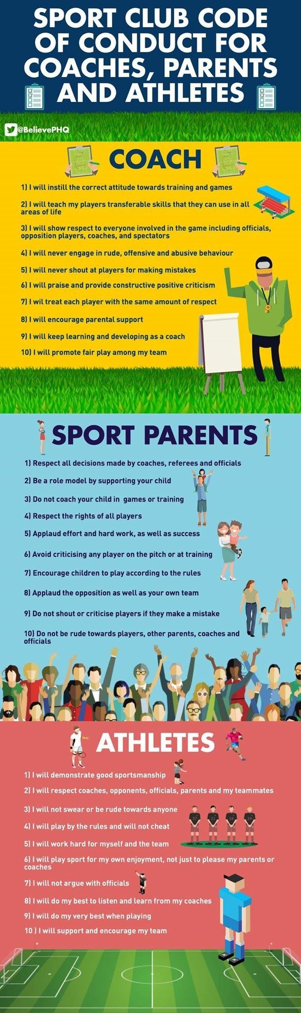 Infographic outlining sportsmanship codes for coaches, parents, and athletes. Coaches are committed to respectful, positive, and fair coaching. Parents respect decisions, support their children, and promote good sportsmanship. Athletes demonstrate go