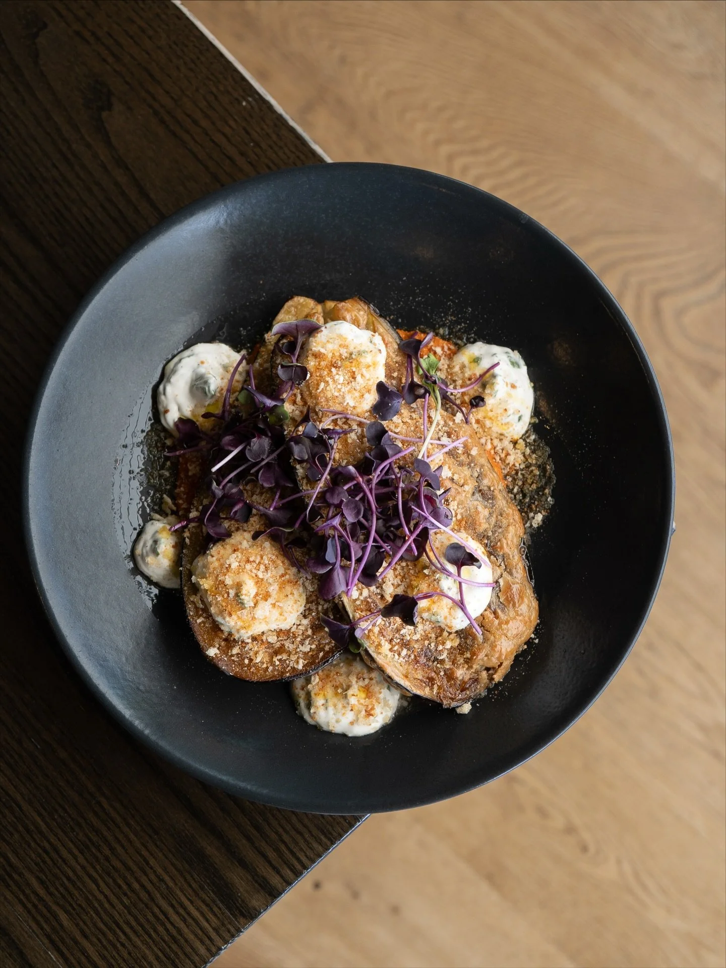 some say it&rsquo;s our best vegan dish ever?
roasted eggplant 
muhammara, tahini glaze, basil coconut yoghurt, sourdough crumb.