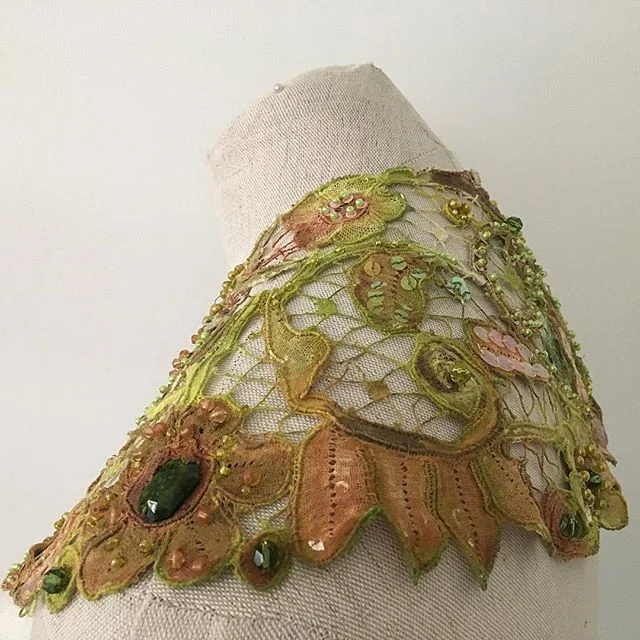 Detail of &lsquo;Something old Something New&rsquo;. Old lace collar. Handpainted, embroidered, beaded. #textileart #lovecolors #antiquetextiles #lace #lovingit #recyclefashion