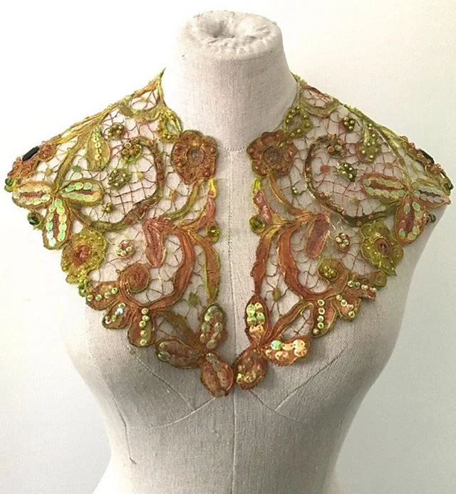A new addition to my &lsquo;Something old Something new&rsquo; collection. Re-using and re-desingning old clothes. And old originaly white lace collar. Painted, embroidered and beaded. #somethingdifferent #textileart #embroidery #beading #lovecolors 