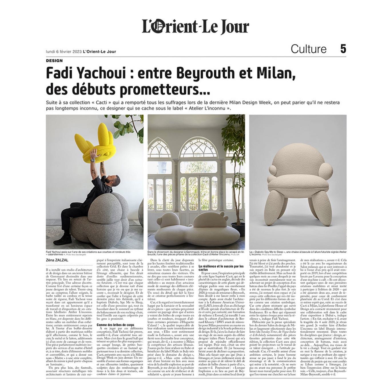 Featured in @lorientlejour_olj Thank you @zenazalzal for this beautiful article! 
&bull;
&bull;
&bull;
https://www.lorientlejour.com/article/1327185/fadi-yachoui-entre-beyrouth-et-milan-des-debuts-prometteurs.html

#linconnu #atelierlinconnu