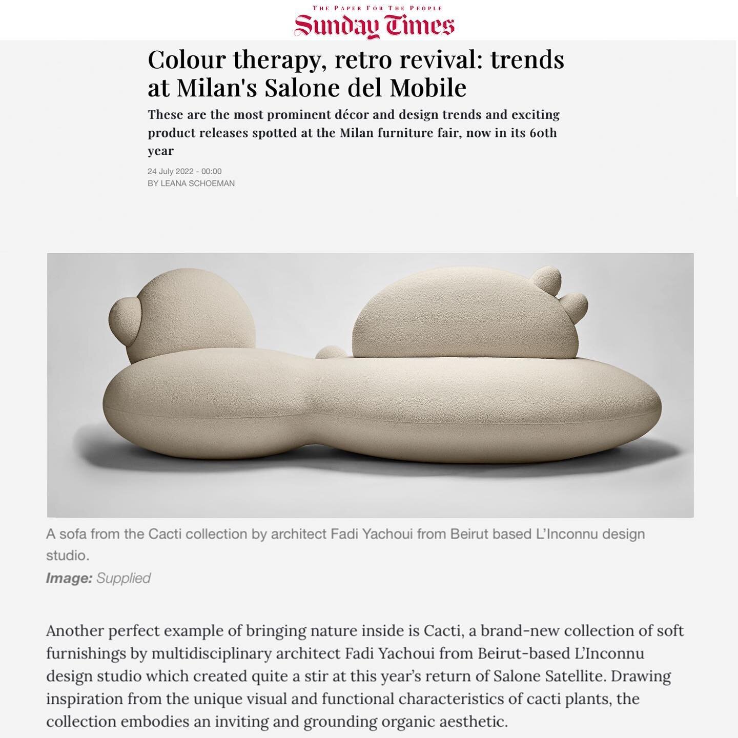Nopal lounge seater sofa spotted at this year&rsquo;s Milan Design week! Thank you @sundaytimes for the feature 

#linconnu #atelierlinconnu #mdw2022