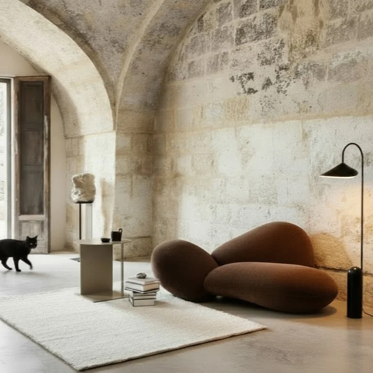 The two-seater Ginger sits in a traditional Lebanese mountain home, resting beneath timeless stone arches where organic design meets heritage architecture. 

Its rounded, ergonomic shell softens the textured stone, creating a serene dialogue between 