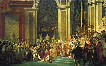 Le Sacre de Napoléon du 2 décembre 1804 Artiste: Jacques-Louis David (1748-1825)Après s’être couronné de sa main, nous voyons Napoléon couronnant la nouvelle impératrice Joséphine, son épouse, sous le regard du pape; étaient présents ses sept frères et sœurs entourés de ses généraux, de la plupart des ambassadeurs européens ainsi que de la nouvelle noblesse impériale