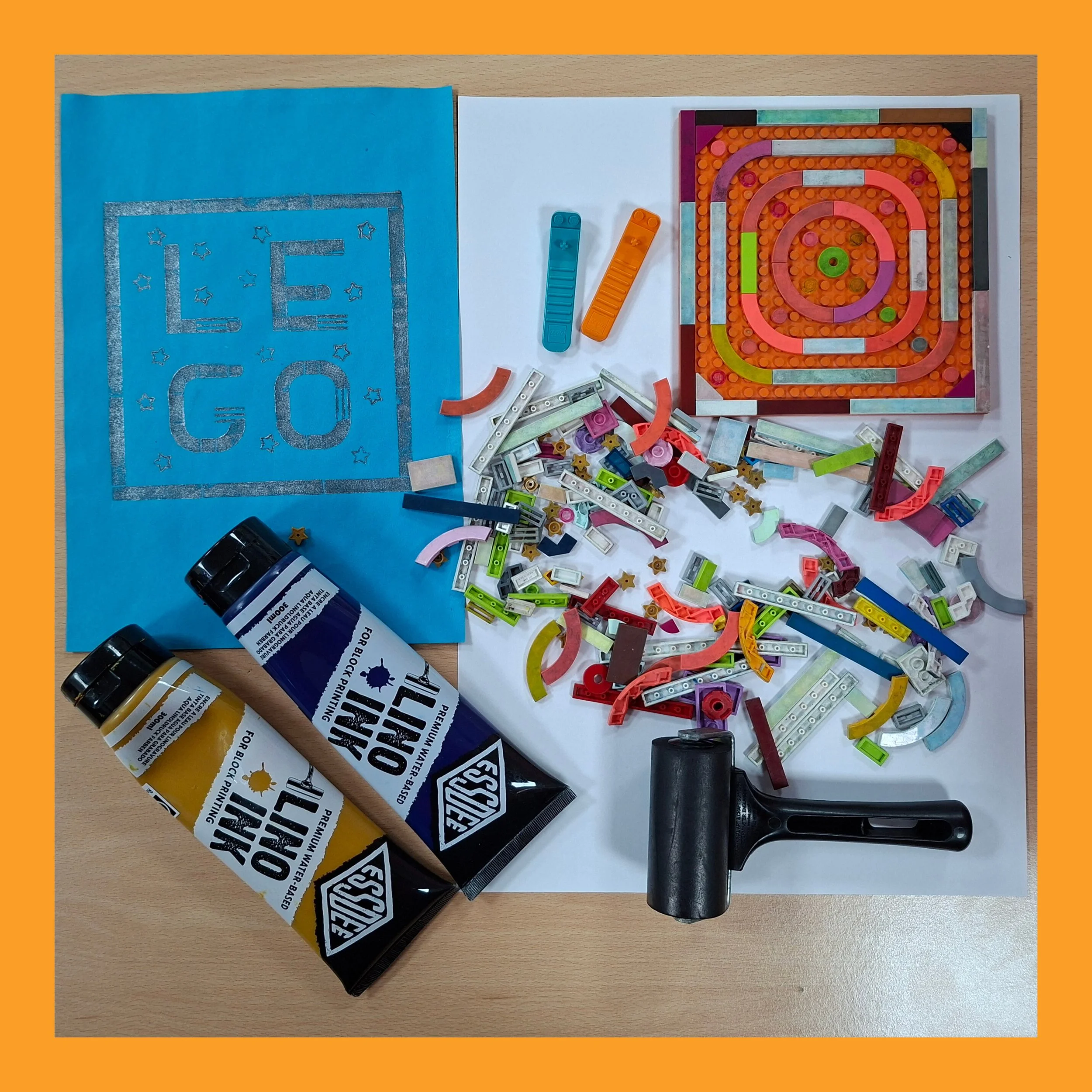 Dino Themed Lego Printing Workshop for Kids with Sombrero printmaking 