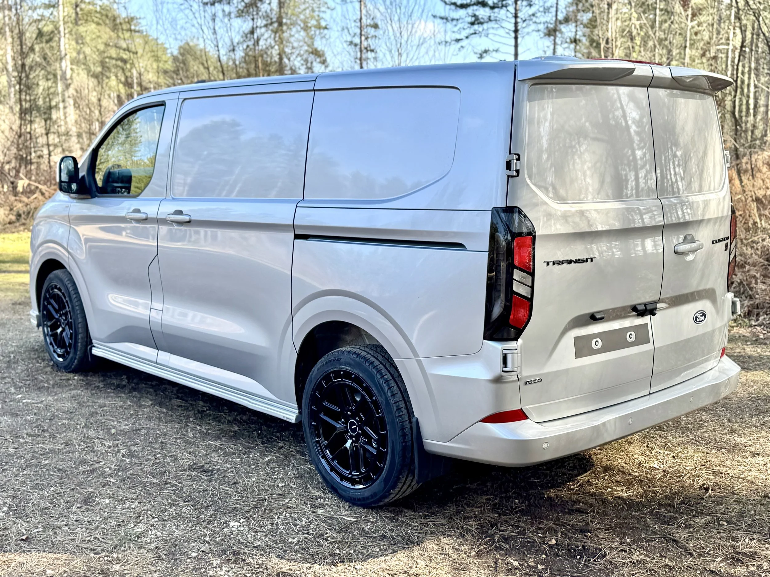 Silver Ford Transit cargo van parked on dirt ground with trees and blue sky in the background.