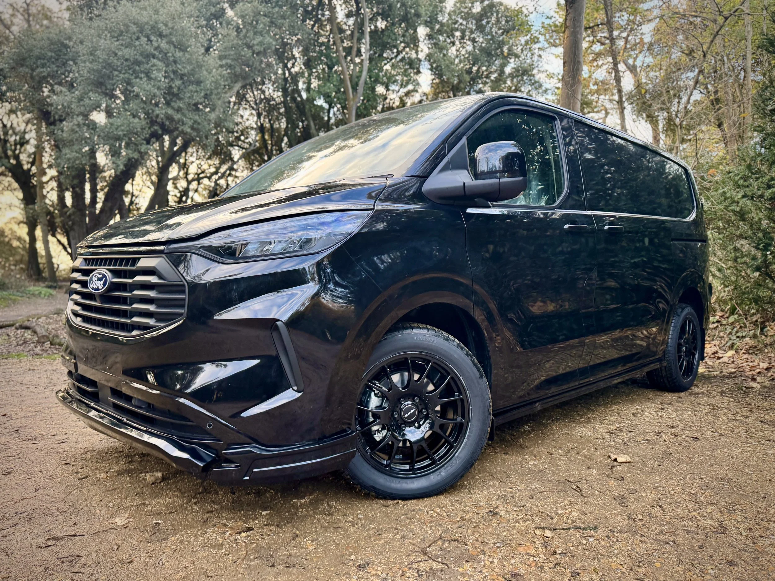 Black Ford Transit Connect van parked on dirt road amidst trees with green foliage, during daytime.
