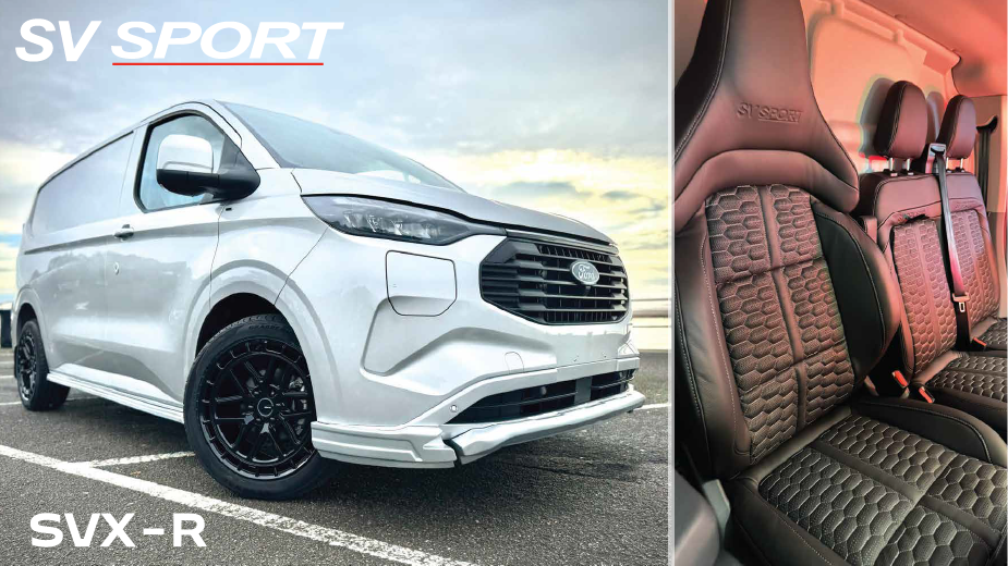 A white Ford camper van with black wheels and a sporty front bumper parked on a sky with clouds, showing the exterior, and a view of the interior seats with black leather and quilted patterns, labeled 'SV SPORT' and 'SVX-R'.