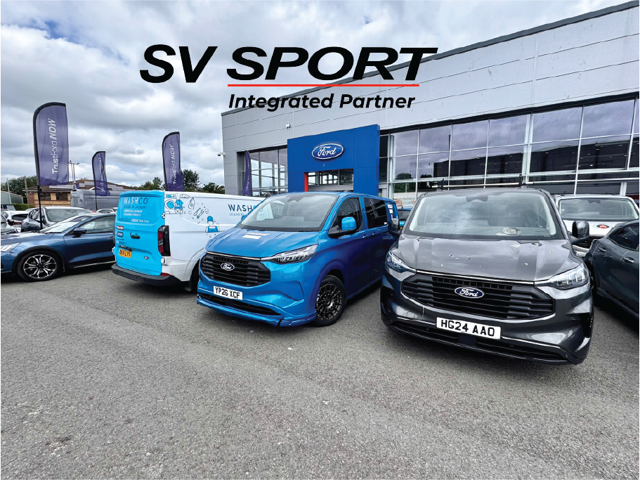 A picture of the exterior of Trowbridge Ford Transit Centre with and SV Sport Vans outside and the words Integrated partner on the top of the image.