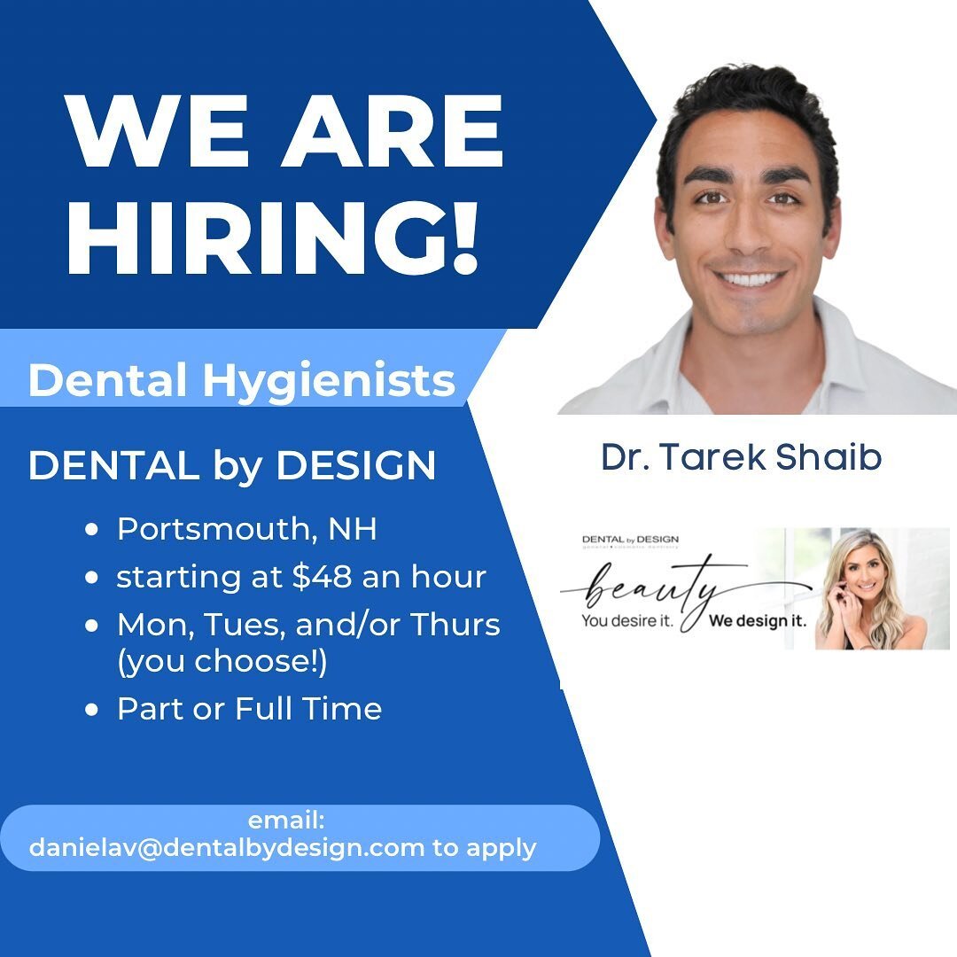 ***Looking to add 1-3 more days to your schedule? DENTAL by DESIGN in Portsmouth is looking for a dental hygienist to join our fun, modern, and friendly office. We look forward to meeting you 😊
-starting at $48/hr 💸
-Monday, Tuesday, and/or Thursda