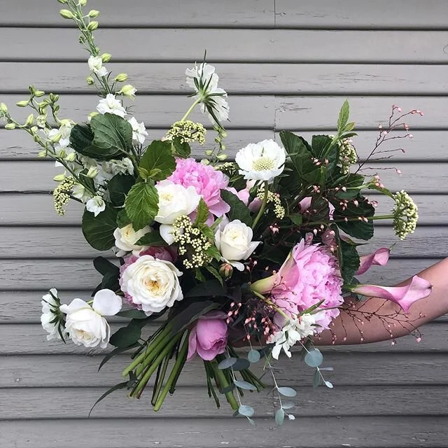 Sent this very fun bridal bouquet out the door this morning for a sweet gal who is eloping today. Thanks as always to @charleslittleandco and @flickertownesfarmette for gorgeous product to mix in with our own. 💕And thanks to my kids for lending me t