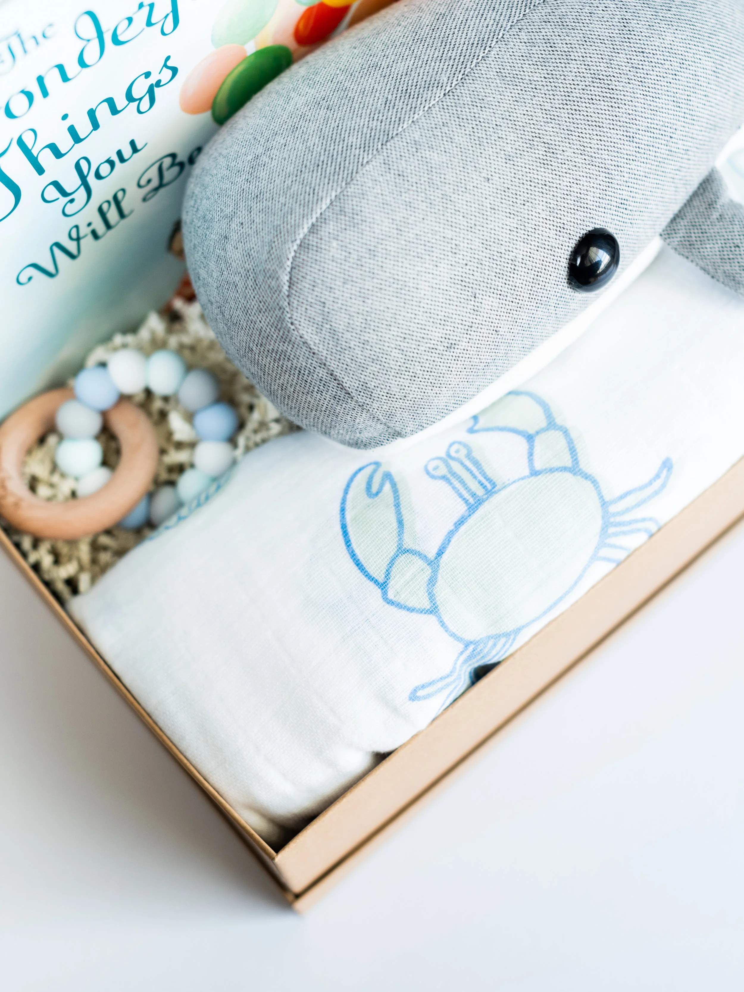 new baby gift box whale teether detail