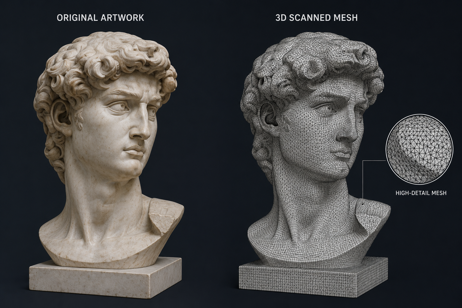 Side-by-side comparison of a marble classical bust sculpture and its 3D digital scan, showing original artwork on the left and a detailed mesh version on the right.