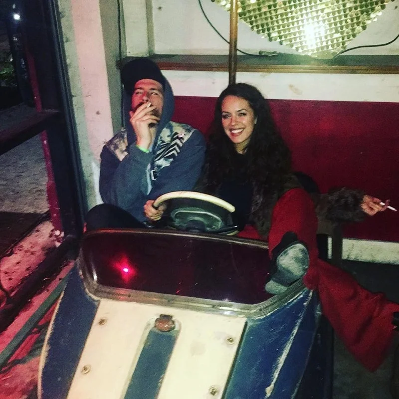 BUHU in bumper cars ( from left ) with Jeremy Rogers & Tiffany Paciga; press photo via Facebook .