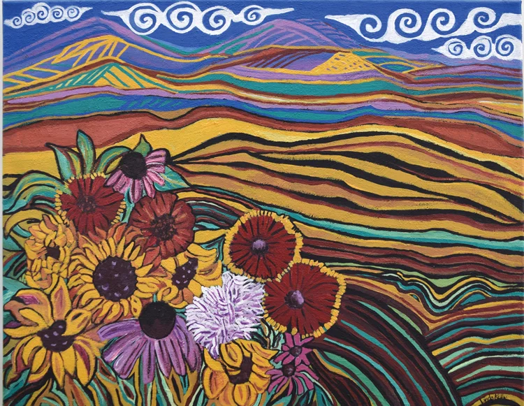  ' Surprising Color Sun Burst' by artist Linda Kelly may be found at Ramona Library as part of its permanent collection of art.