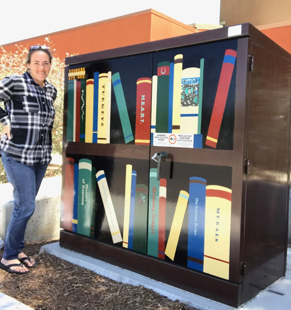 Artist Casey Buonaugurio turned a utility box on the 13th Street side of the Ramona Library into an eye-catching bookcase full of books.