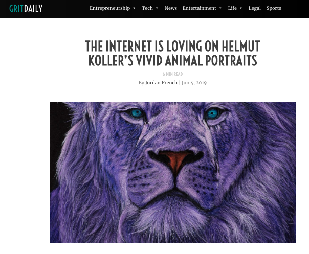 Grit Daily THE INTERNET IS LOVING ON HELMUT KOLLER’S VIVID ANIMAL PORTRAITS June 4, 2019 “The dude with a cool name — he’s Austrian born — who’s part Big Lebowski with a dash of Christoph Waltz, doesn’t hold back when it comes to animal colors.” Read More