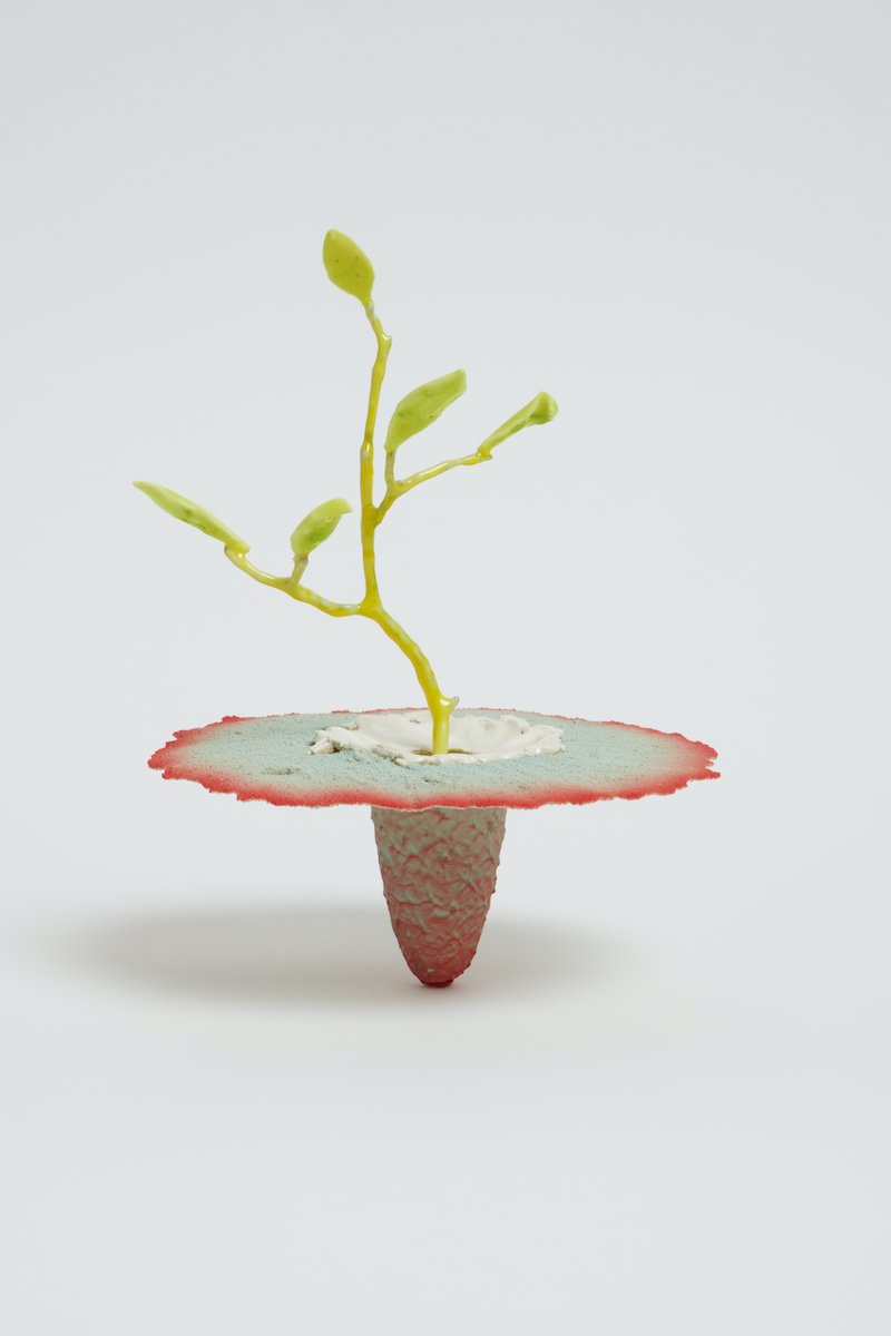   Obelisk (Seadragon) , 2021. cremated leaves, rare earth elements, ceramic, twig, resin, steel, glass, mahogany, maple. 