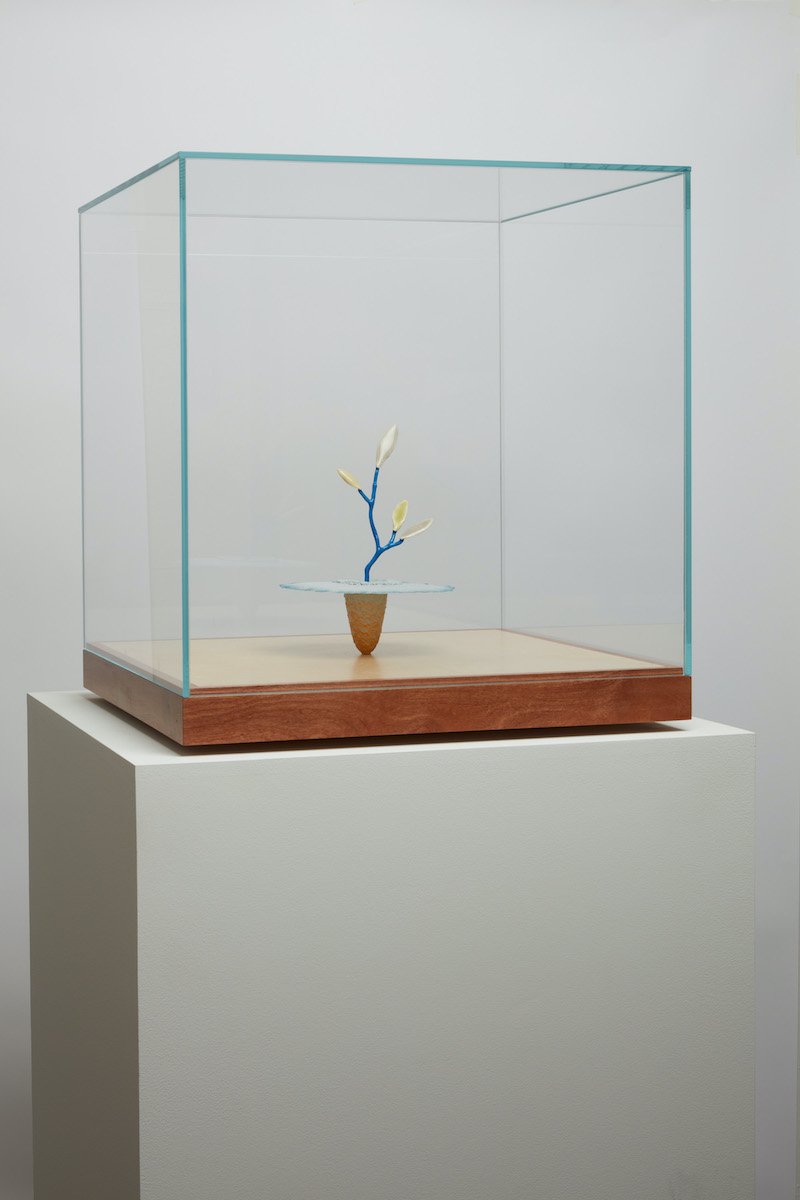   Obelisk (Lord Rayleigh) , 2021. cremated leaves, rare earth elements, ceramic, twig, resin, steel, glass, mahogany, birch. 