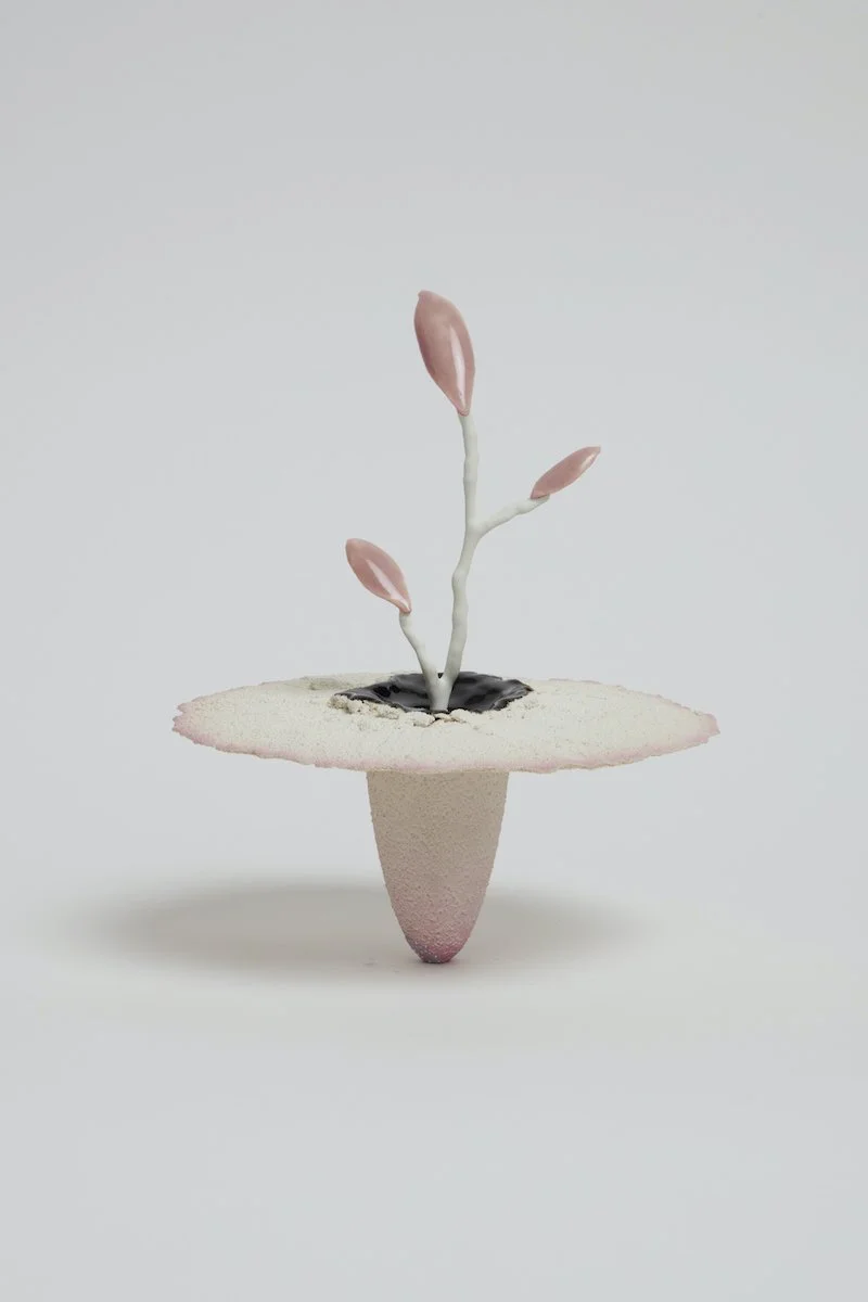   Obelisk (Albino) , 2021. cremated leaves, rare earth elements, ceramic, twig, resin, steel, concrete, glass.  