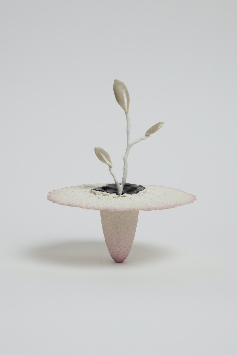   Obelisk (Albino) , 2021. cremated leaves, rare earth elements, ceramic, twig, resin, steel, concrete, glass.  