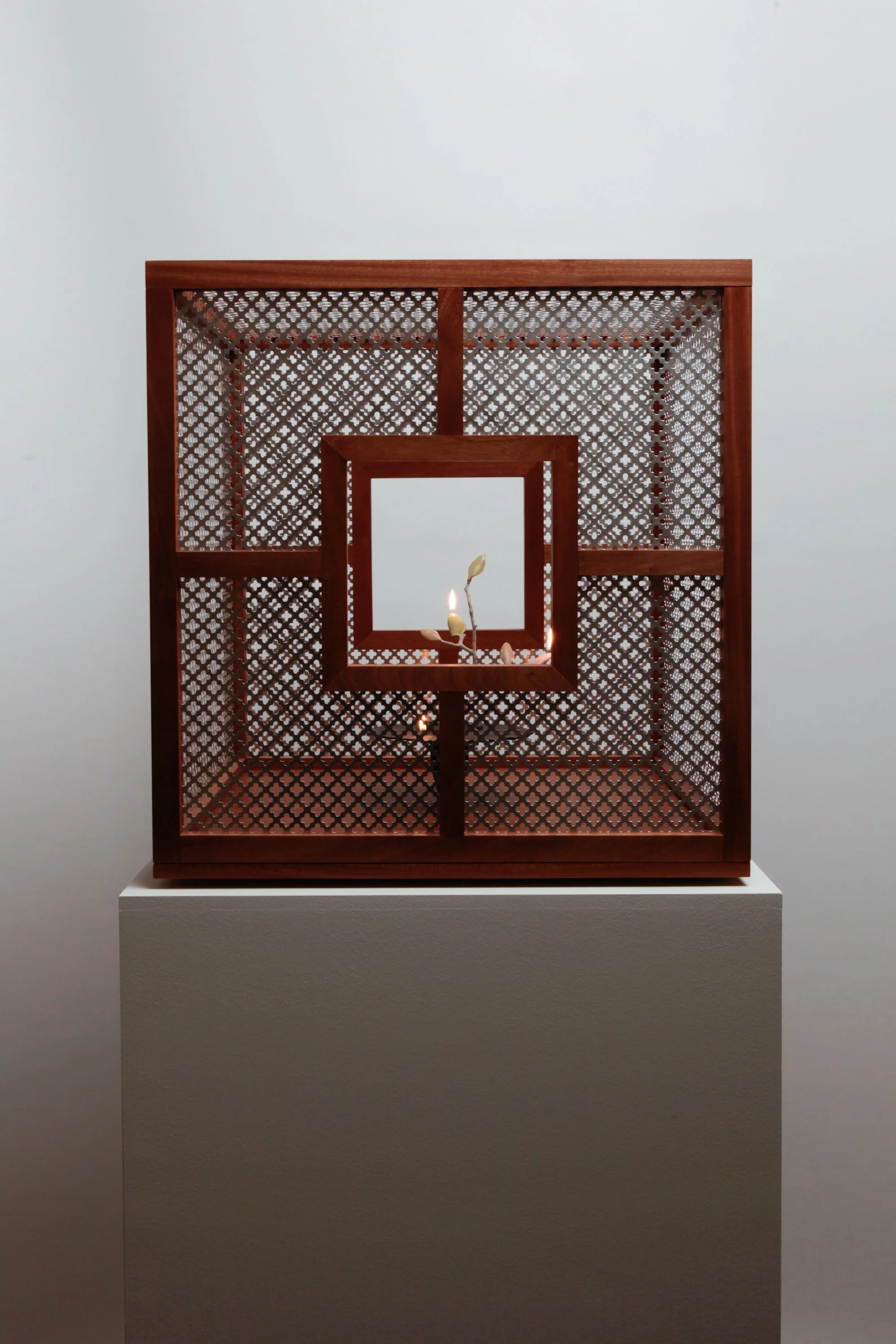   Obelisk (Soul Emission) , 2022. cremated leaves, rare earth elements, ceramic, twig, gas, resin, aluminum, mahogany. 