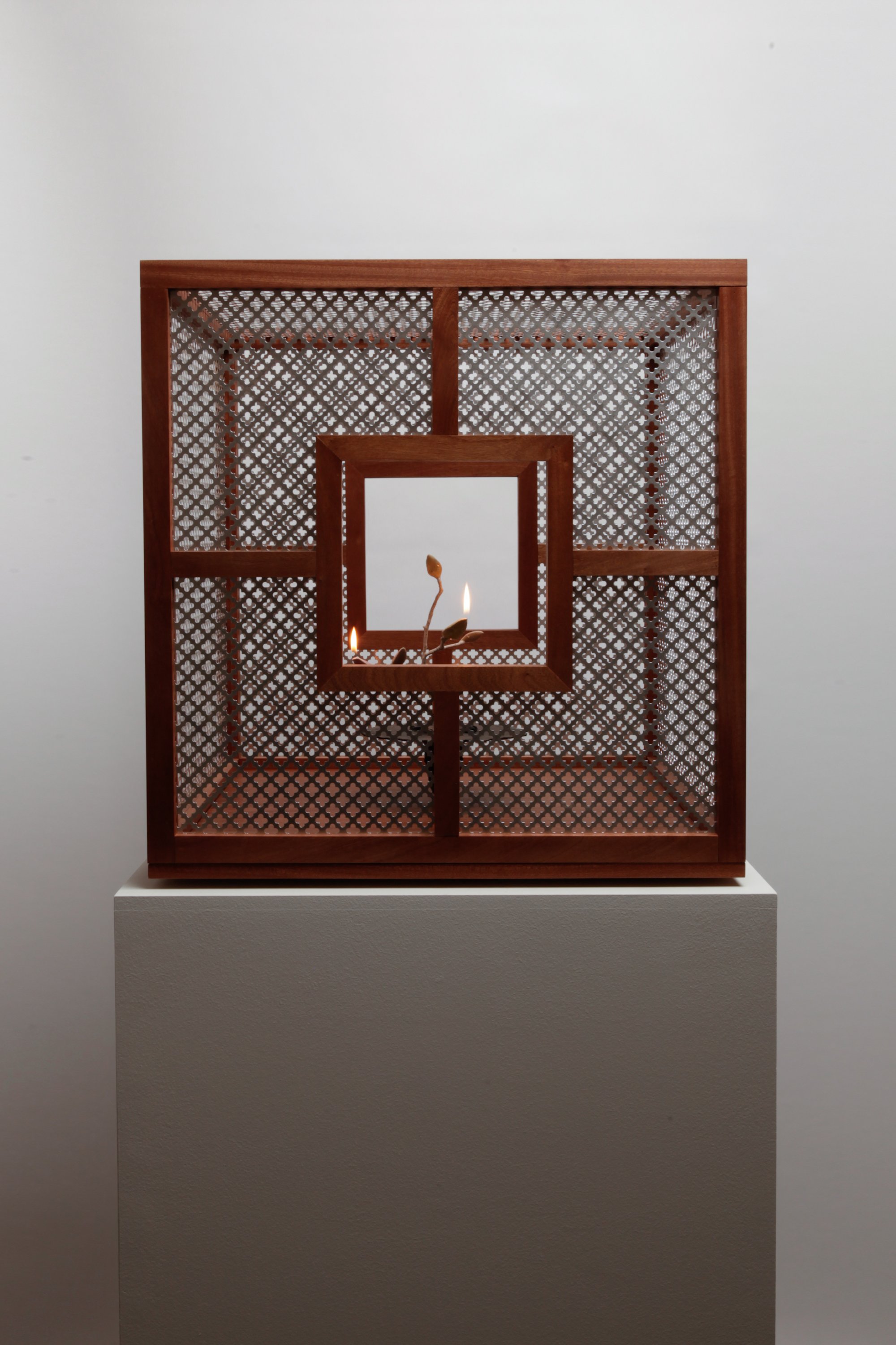   Obelisk (Soul Emission) , 2022. cremated leaves, rare earth elements, ceramic, twig, gas, resin, aluminum, mahogany. 