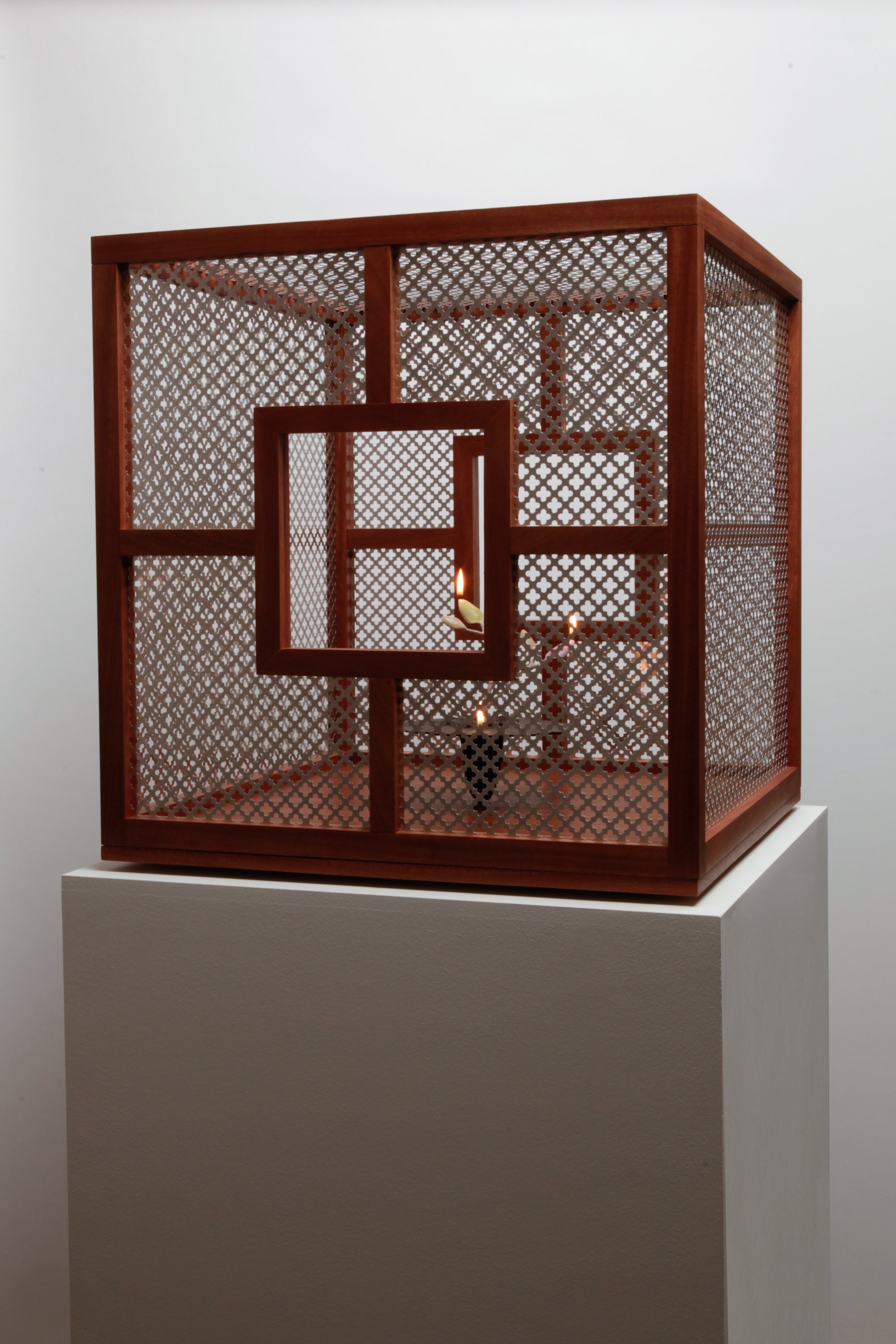  Obelisk (Soul Emission) , 2022. cremated leaves, rare earth elements, ceramic, twig, gas, resin, aluminum, mahogany. 