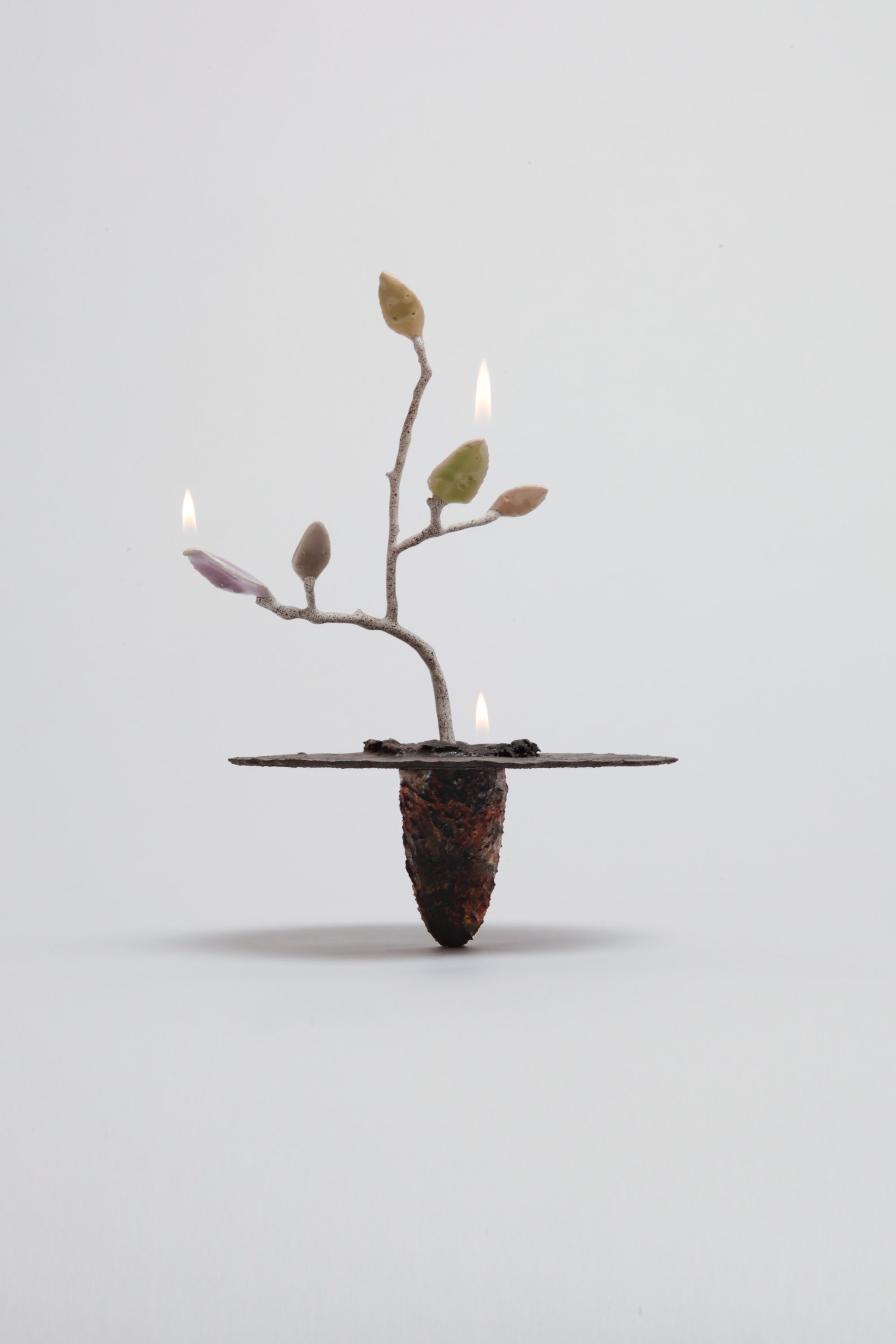   Obelisk (Soul Emission) , 2022. cremated leaves, rare earth elements, ceramic, twig, gas, resin, aluminum, mahogany. 