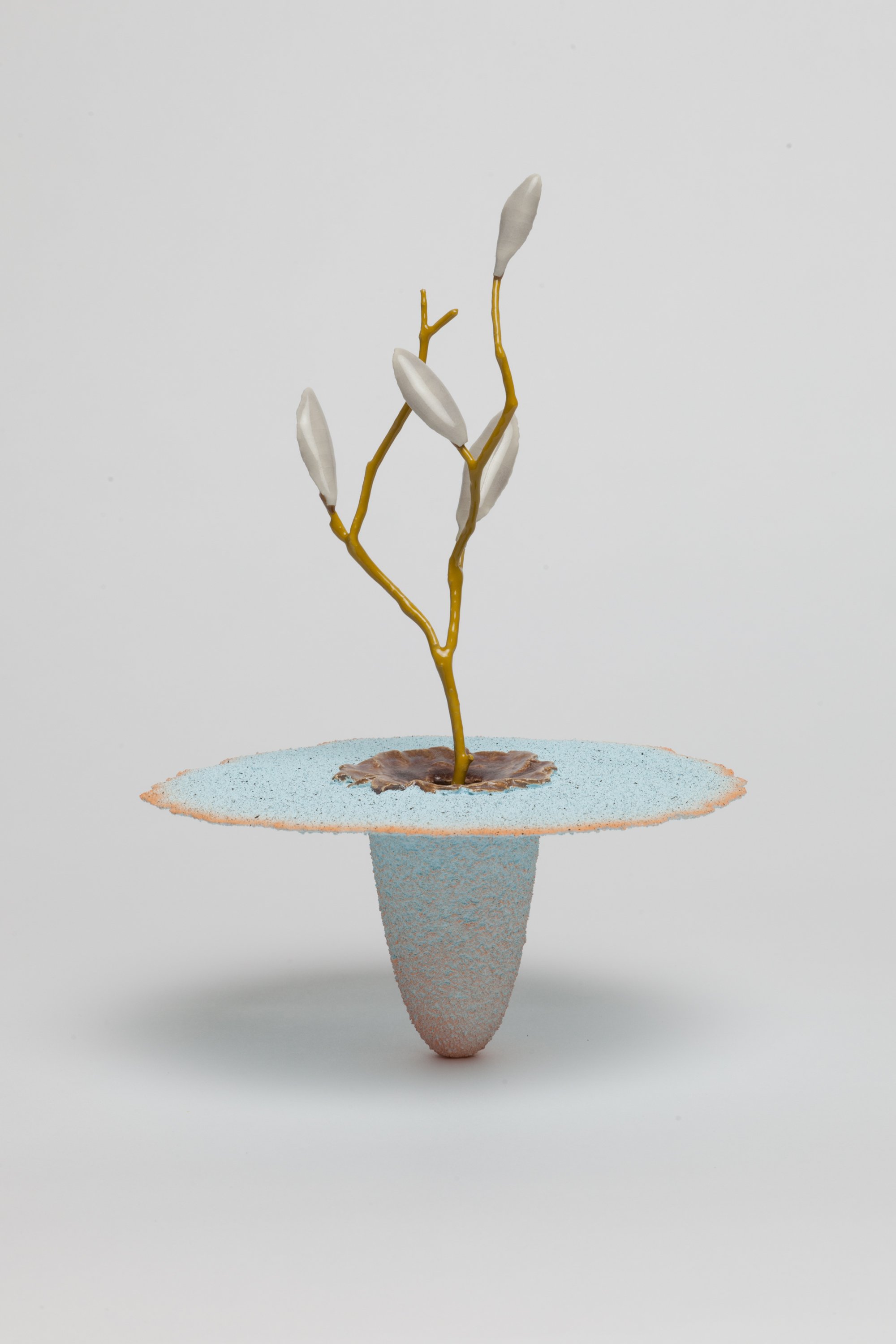   Obelisk (Auxin) , 2023. cremated leaves, rare earth elements, ceramic, twig, resin, steel, glass, walnut, maple. 