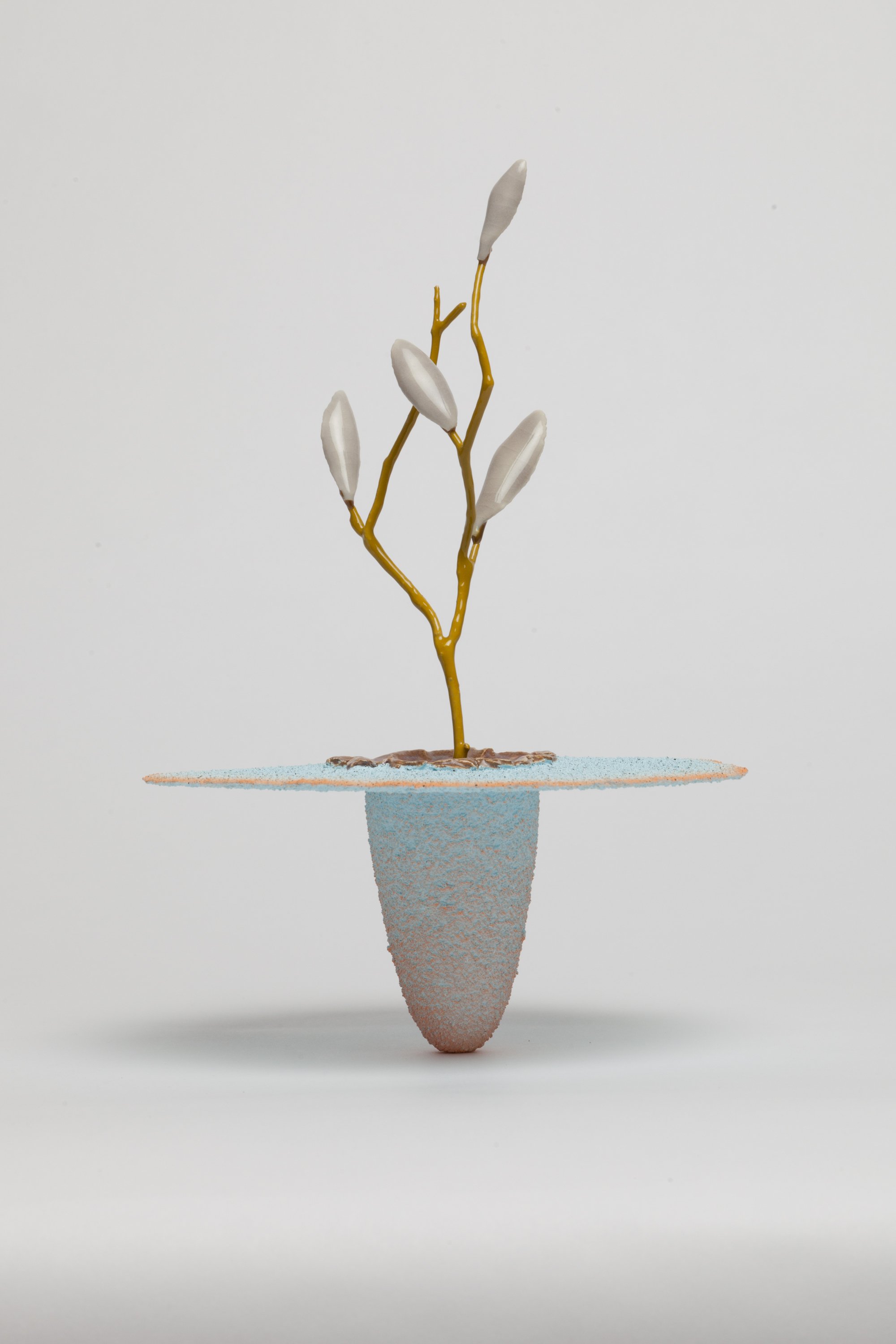   Obelisk (Auxin) , 2023. cremated leaves, rare earth elements, ceramic, twig, resin, steel, glass, walnut, maple. 