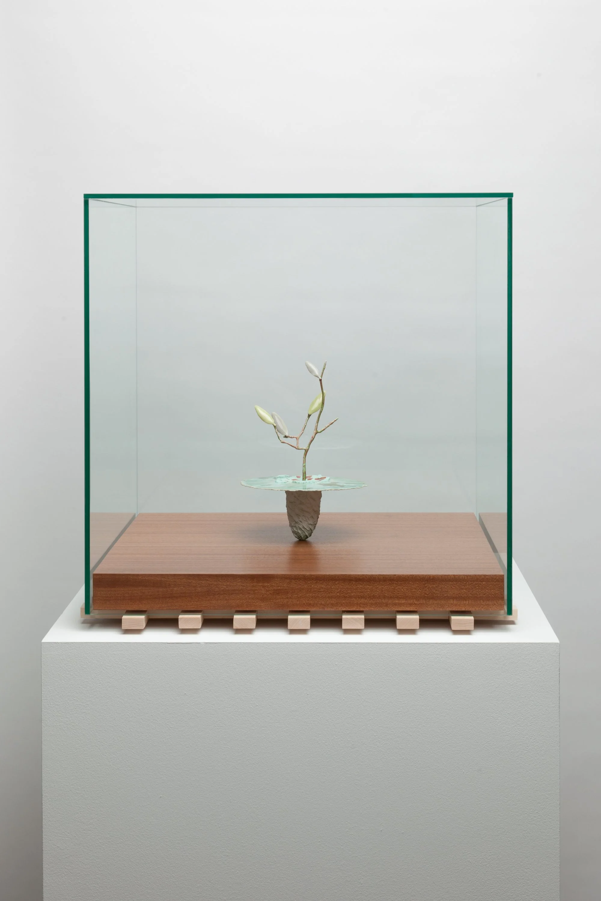   Obelisk (Genesis) , 2023. cremated leaves, rare earth elements, ceramic, twig, resin, steel, glass, mahogany, maple. 