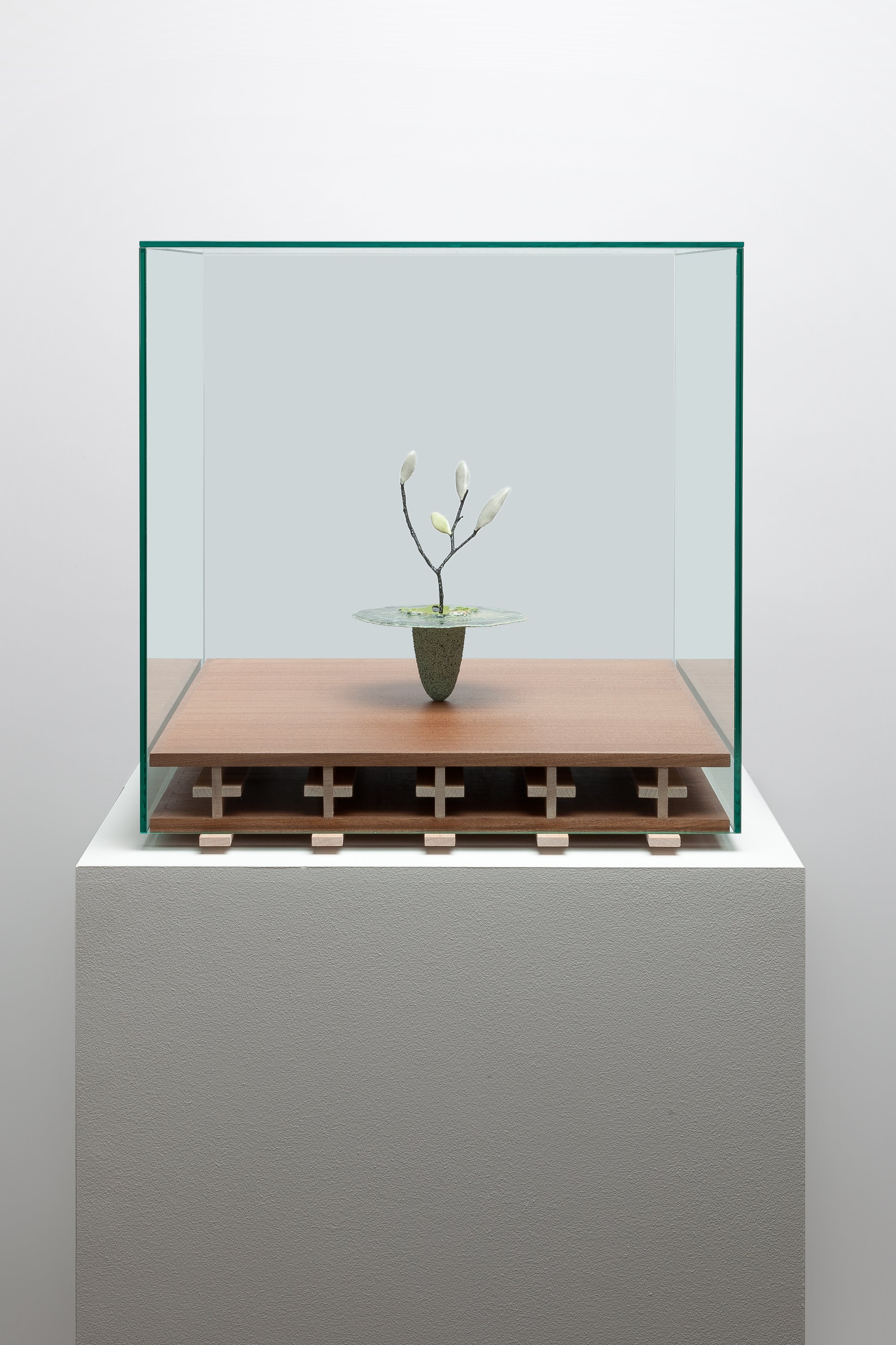   Obelisk (Hypoxia) , 2024. cremated leaves, rare earth elements, ceramic, twig,resin, steel, mahogany, maple, glass.  