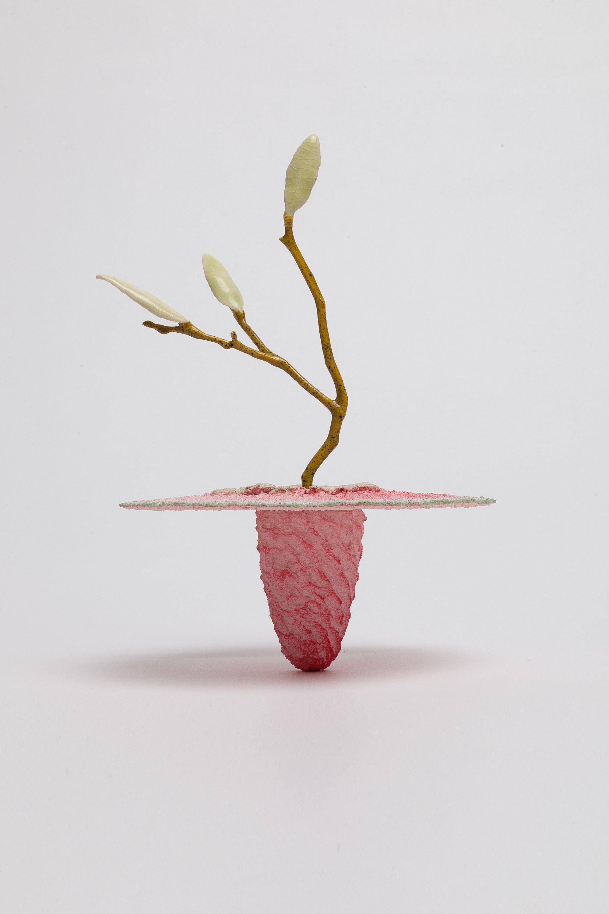   Obelisk (Lycopene) , 2024. cremated leaves, rare earth elements, ceramic, twig, resin, steel, acrylic, maple, glass. 