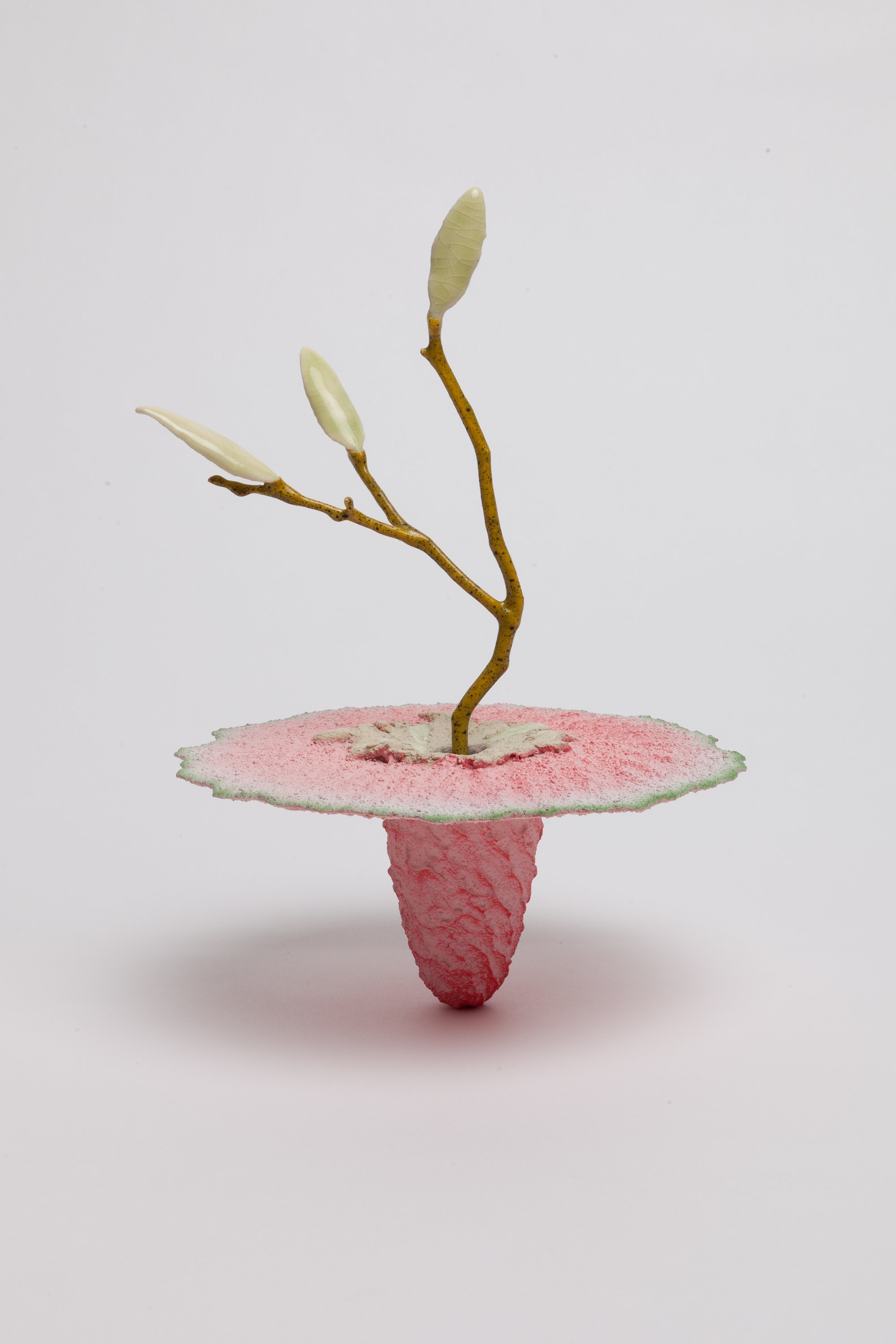   Obelisk (Lycopene) , 2024. cremated leaves, rare earth elements, ceramic, twig, resin, steel, acrylic, maple, glass. 