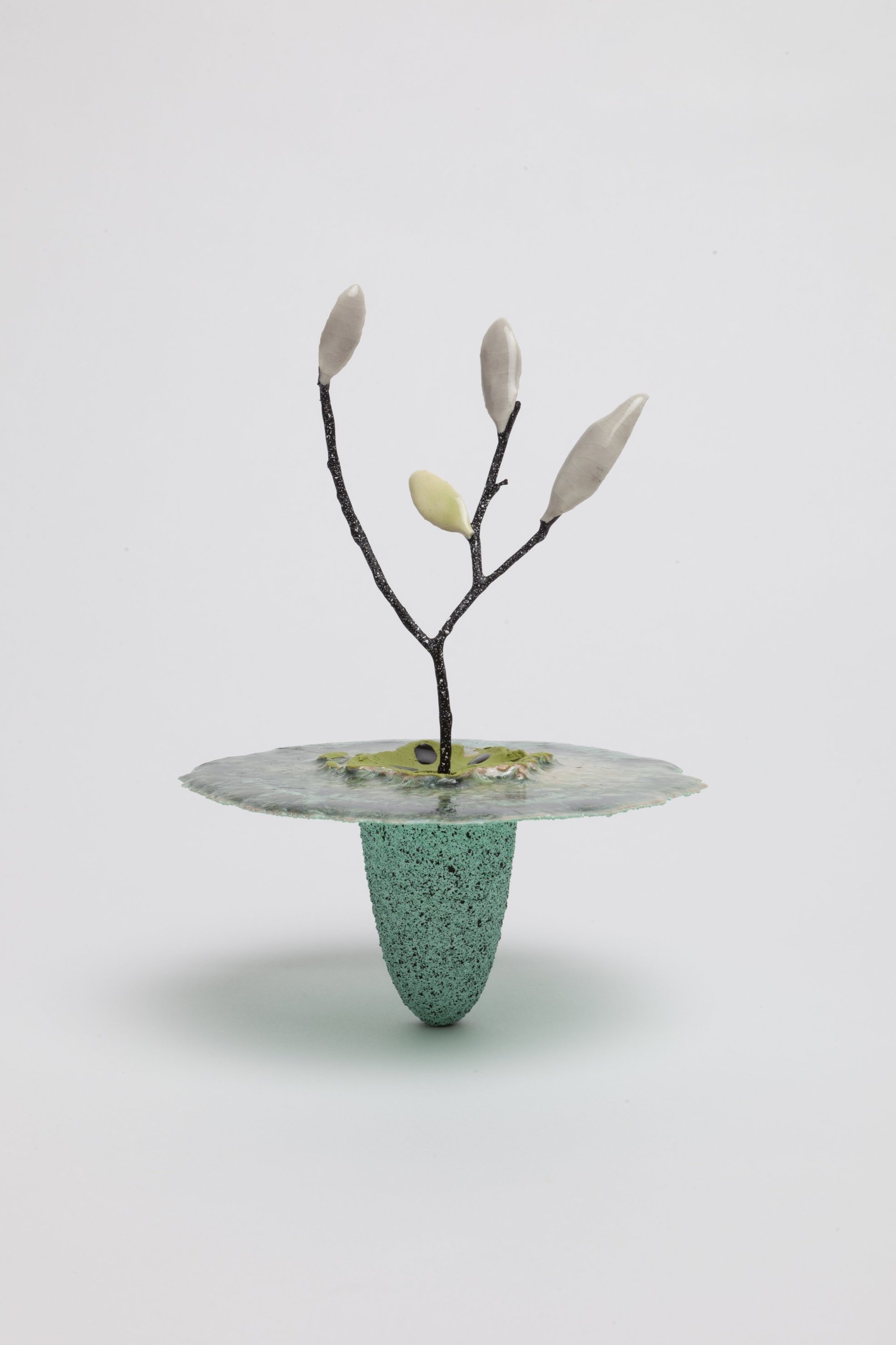   Obelisk (Hypoxia) , 2024. cremated leaves, rare earth elements, ceramic, twig,resin, steel, mahogany, maple, glass.  