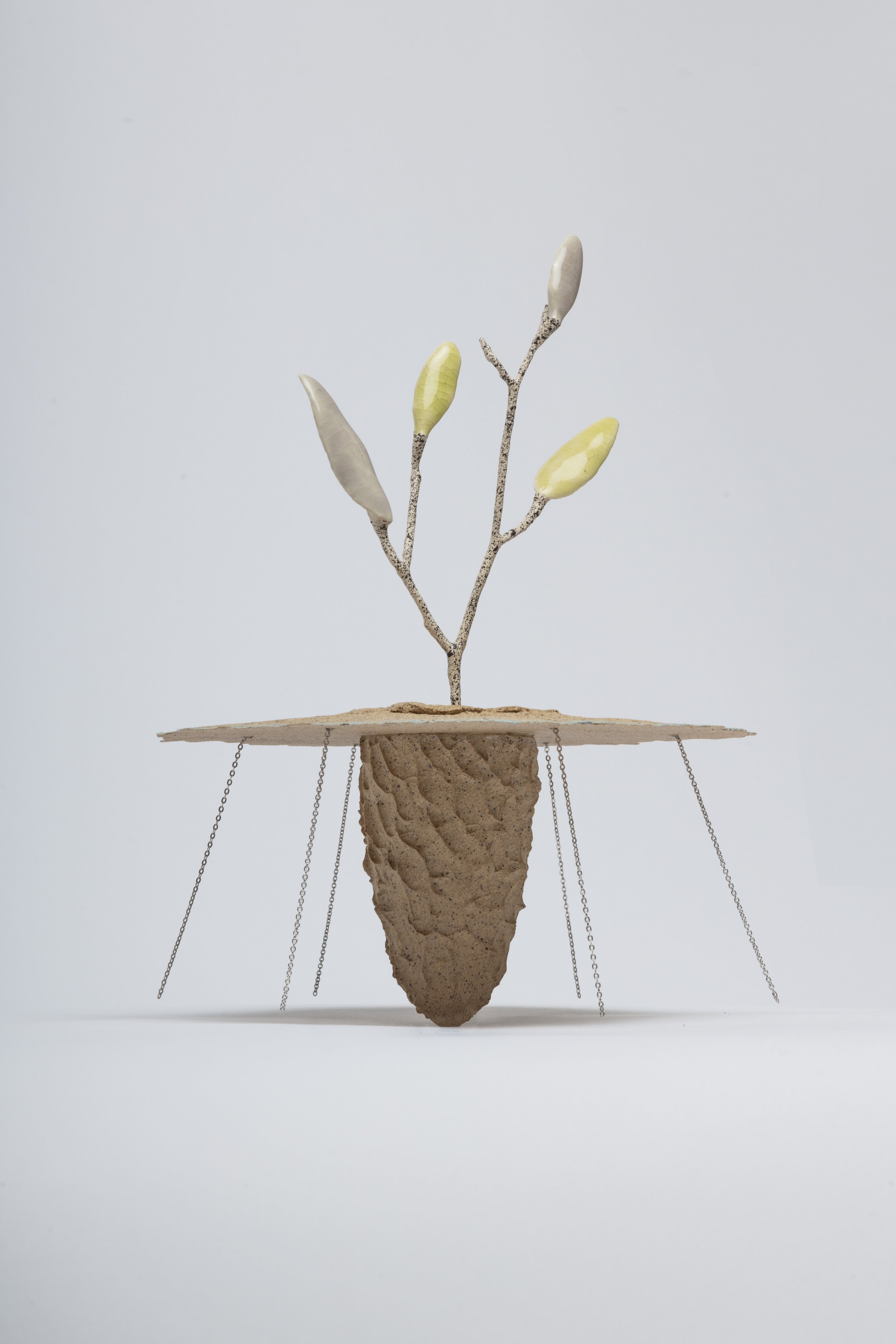  Obelisk (Xeric), 2024. cremated leaves, rare earth elements, ceramic, silver, twig, soil, resin, steel, glass, mahogany. 