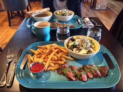 Ultra Dry Aged Steak&nbsp;- chimichurri, beets salad, beef fat fries, feature soup