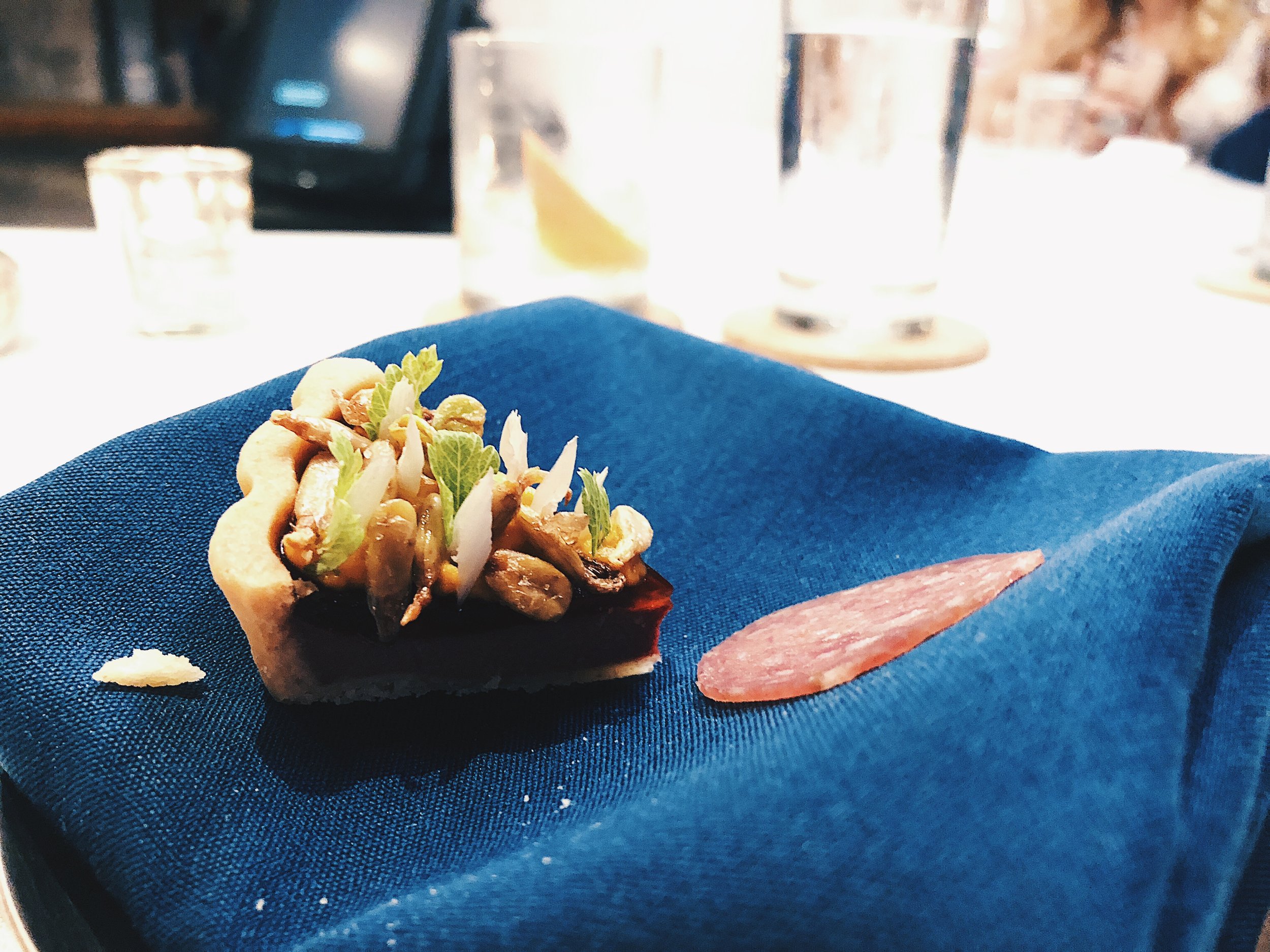 salami, chicken liver tart, persimmon