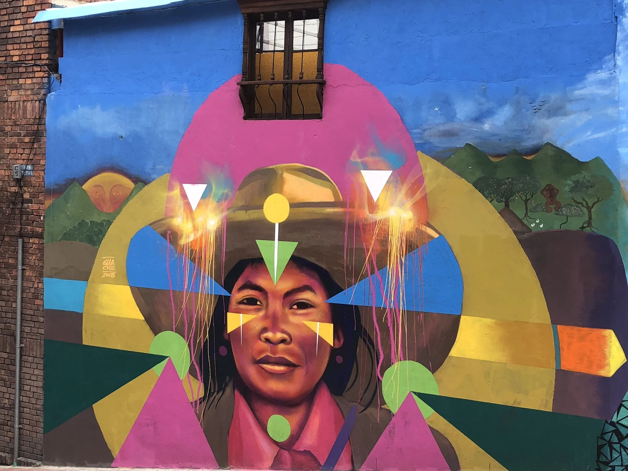The local artist Guache honors the ancestral people of Colombia through his art. In the ancient language spoken by the local Chibcha people, Guache was the word for "warrior."