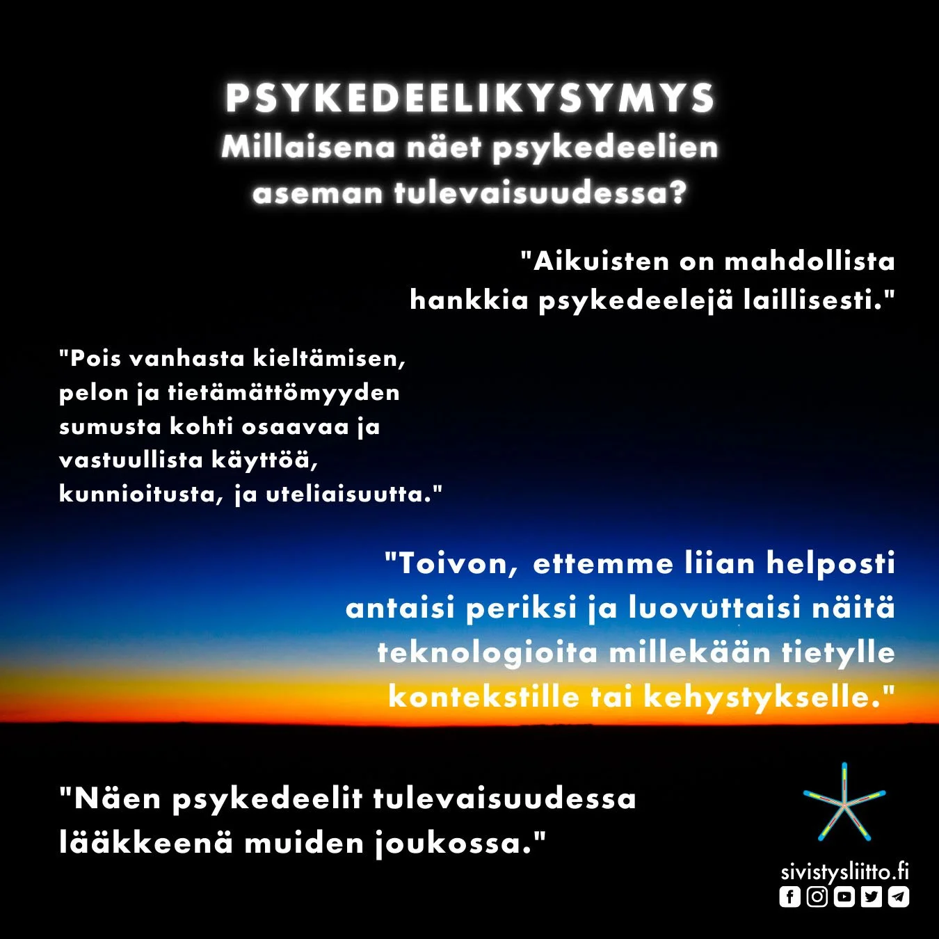 Millaisena näet psykedeelien aseman tulevaisuudessa? Vastauksia joulukuun Psykedeelikysymykseen.