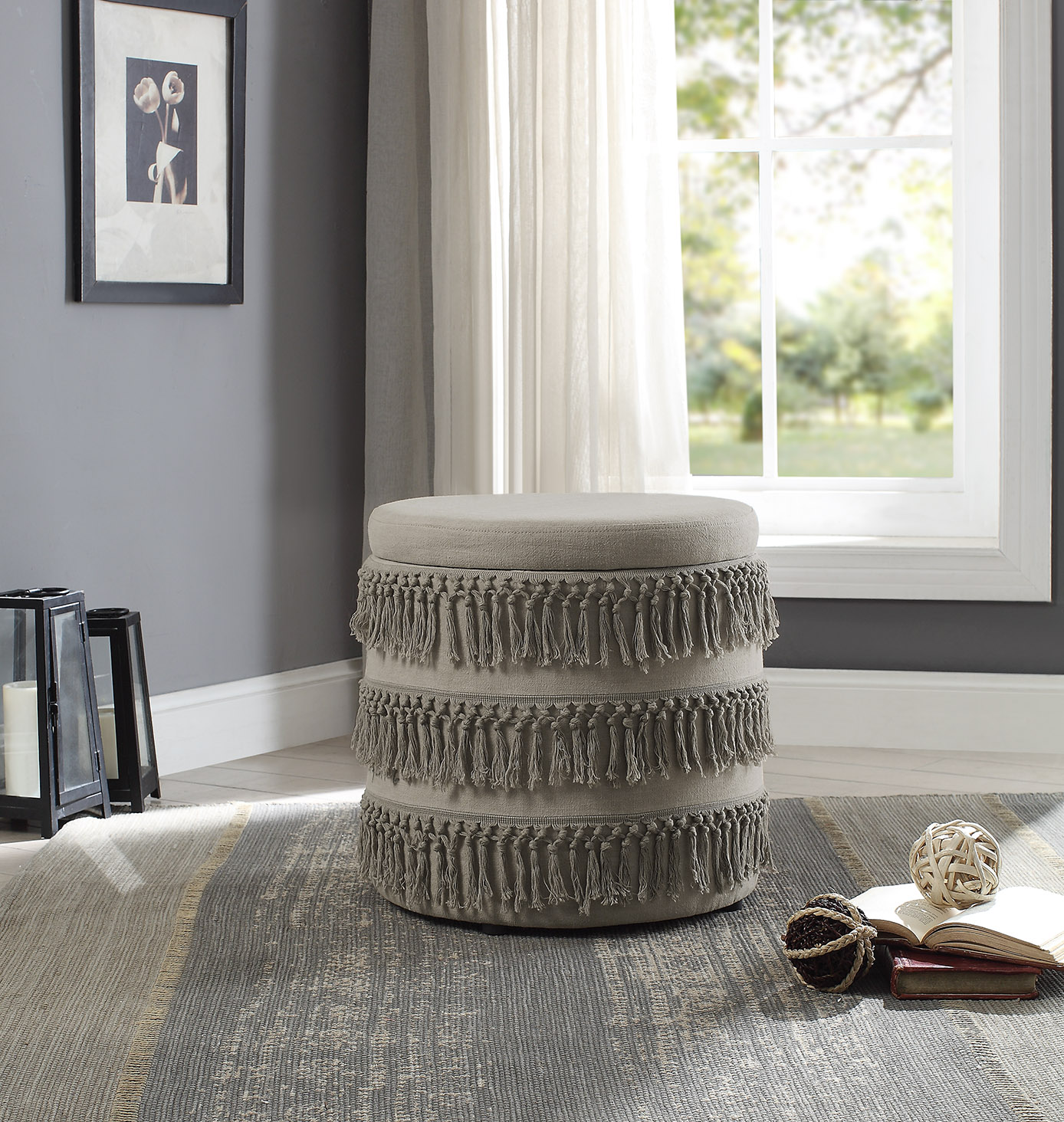 Kirkland's - Elise Beige Fringe Round Storage Ottoman