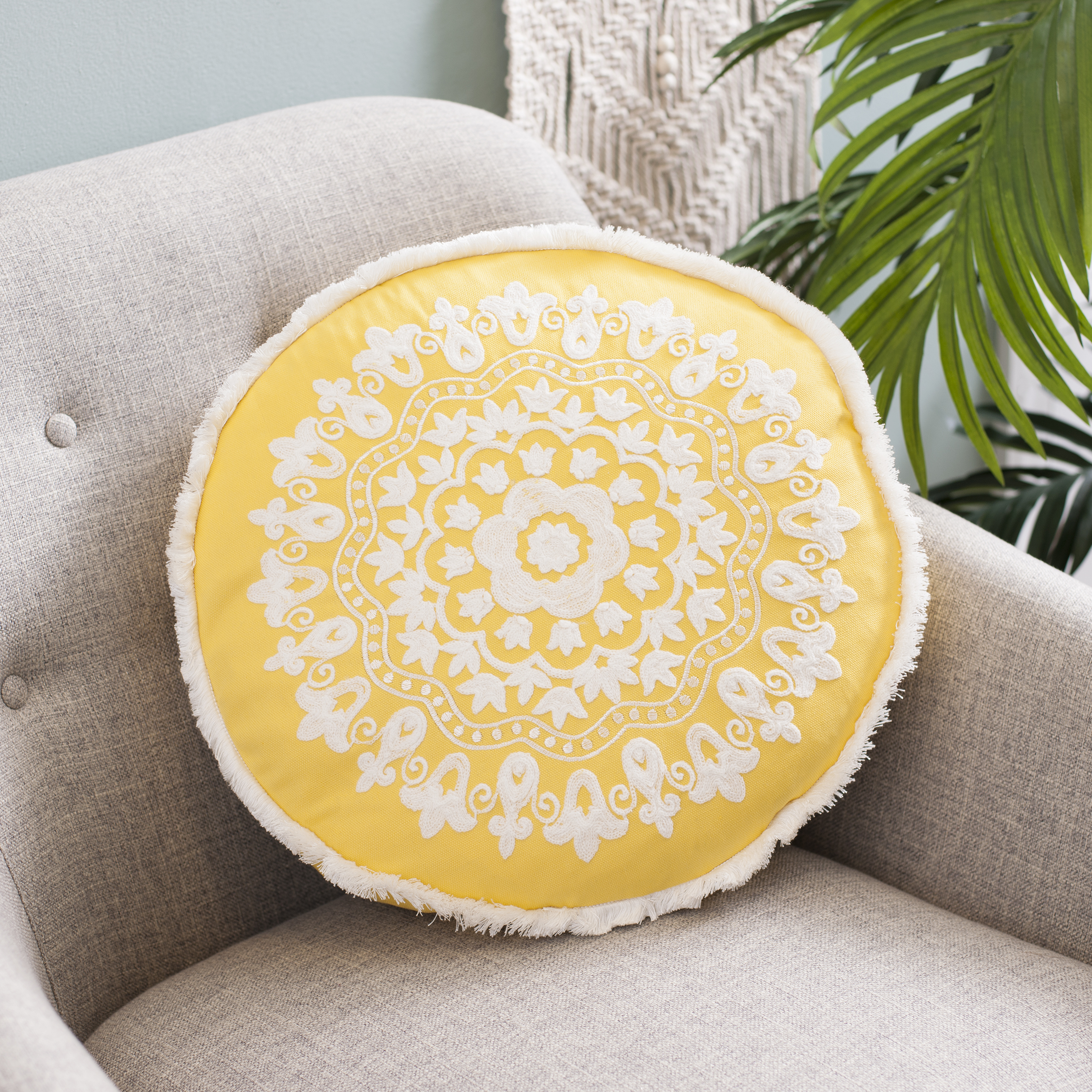 Kirkland's - Yellow Round Embroidered Accent Pillow