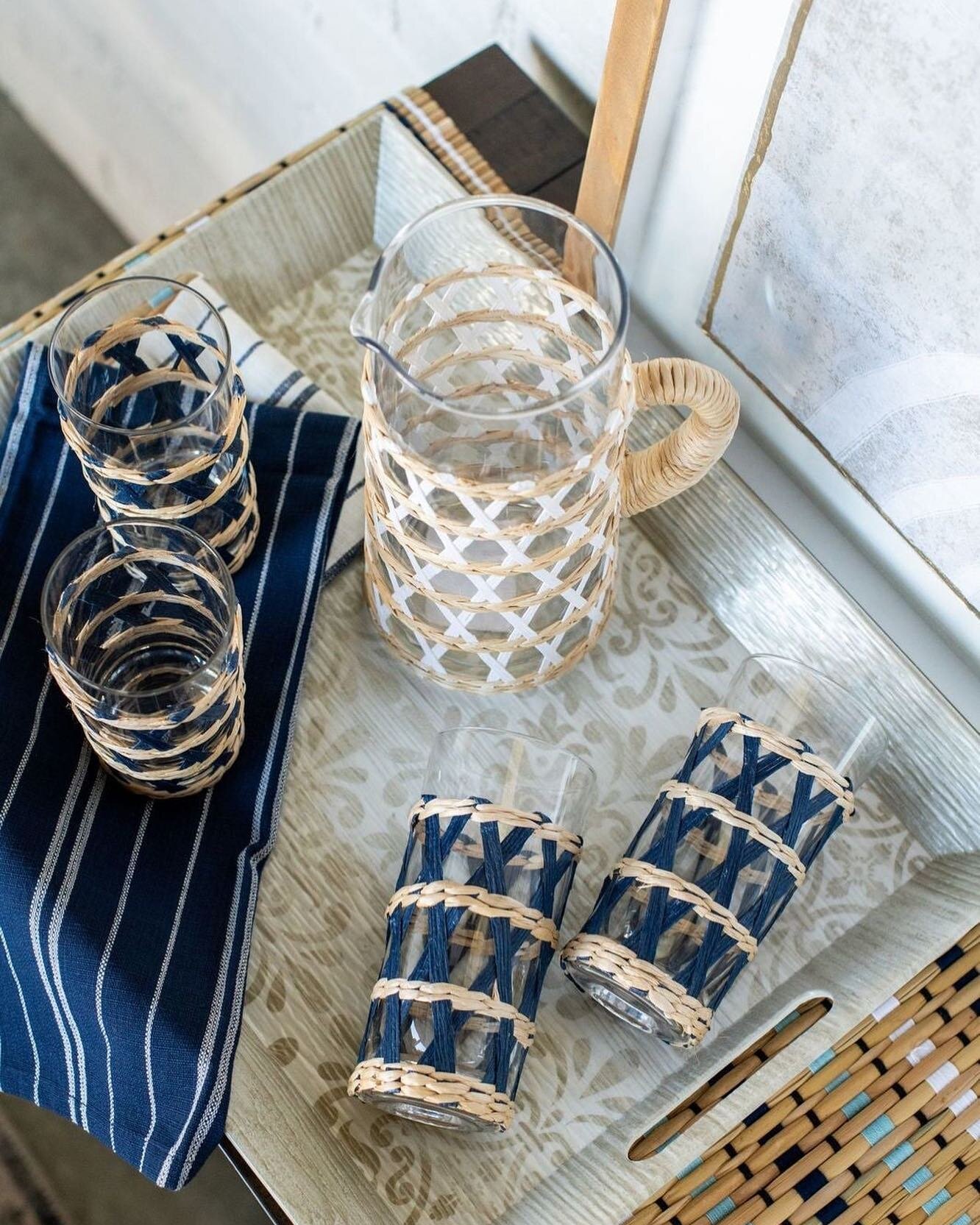 A cold pour of your favorite drink deserves the perfect glass. 💕 These seagrass tumblers are back and available in blue and white. Tag a friend who needs to see these! 👇	
.
#kirklandsfinds #kirklandshappiness #bringhappinesshome #outdoordecor #outd