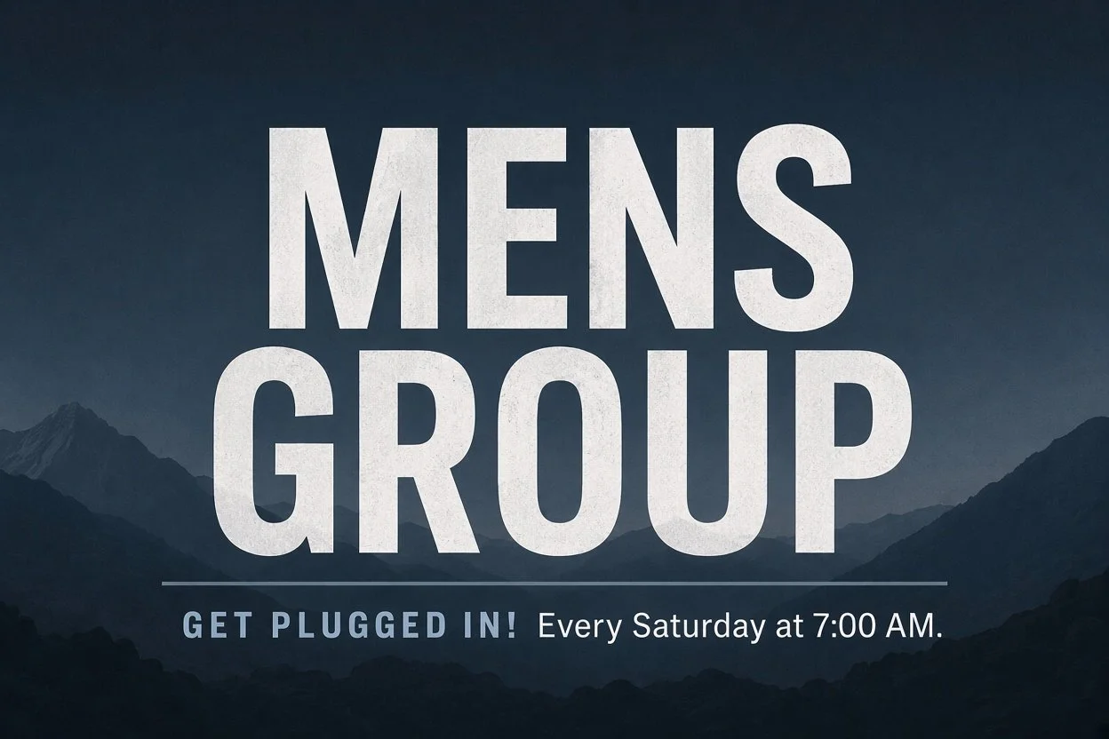 Black chalkboard-style background with white and blue text promoting men's group meetings at South County Church. The main text reads 'MEN'S GROUP.' Additional details specify that meetings are every Saturday at 6:30 AM, and for more information, contact Pastor Brandon Taylor.