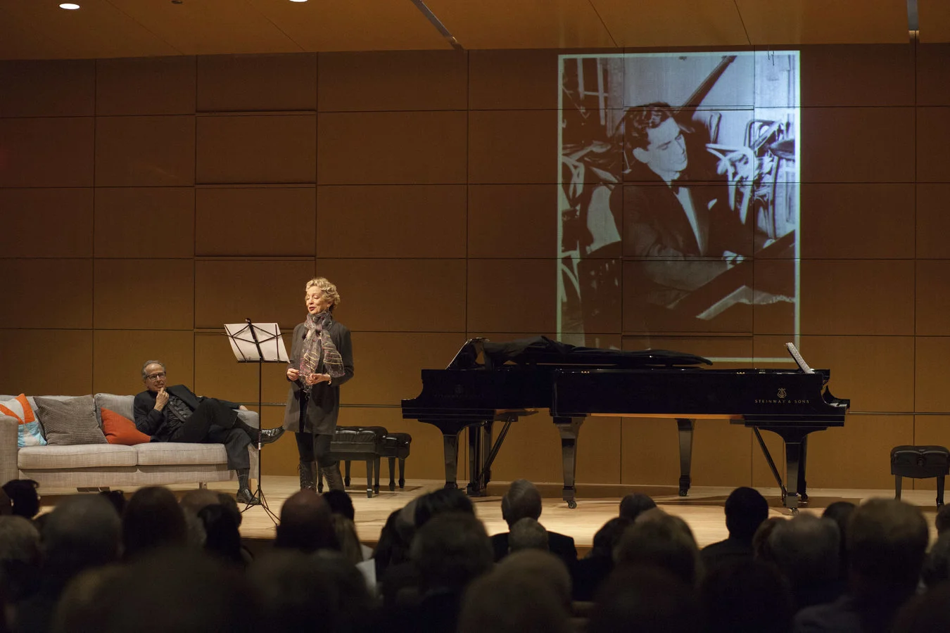 Jamie Bernstein with pianist Michael Boriskin (seated), performing “Late Night with Leonard Bernstein” at the National Museum of American Jewish History in Philadelphia. Photo by Katey Fahringer.